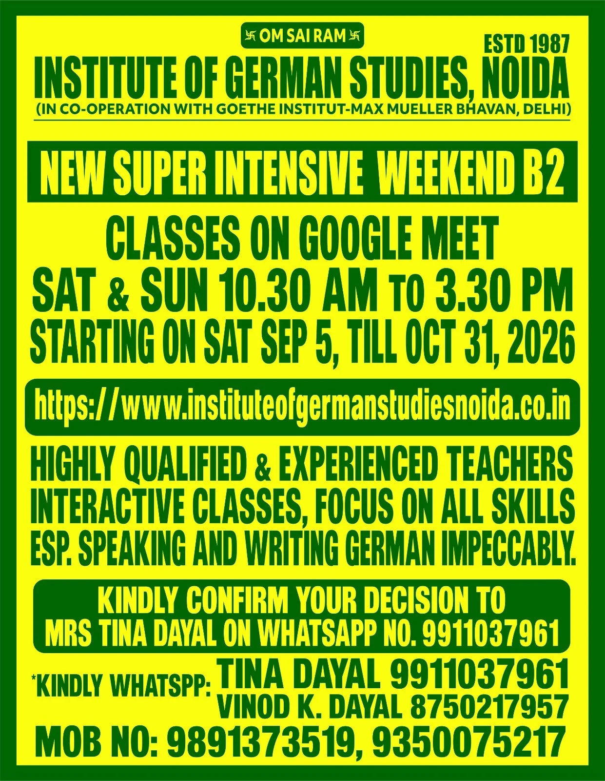 Information poster for Institute of German Studies, Noida, established in 1987, advertising new weekend B2 classes on Google Meet, Saturdays and Sundays from 10:30 AM to 3:30 PM starting September 5, 2026, with details to contact Mrs. Tina Dayal via WhatsApp.