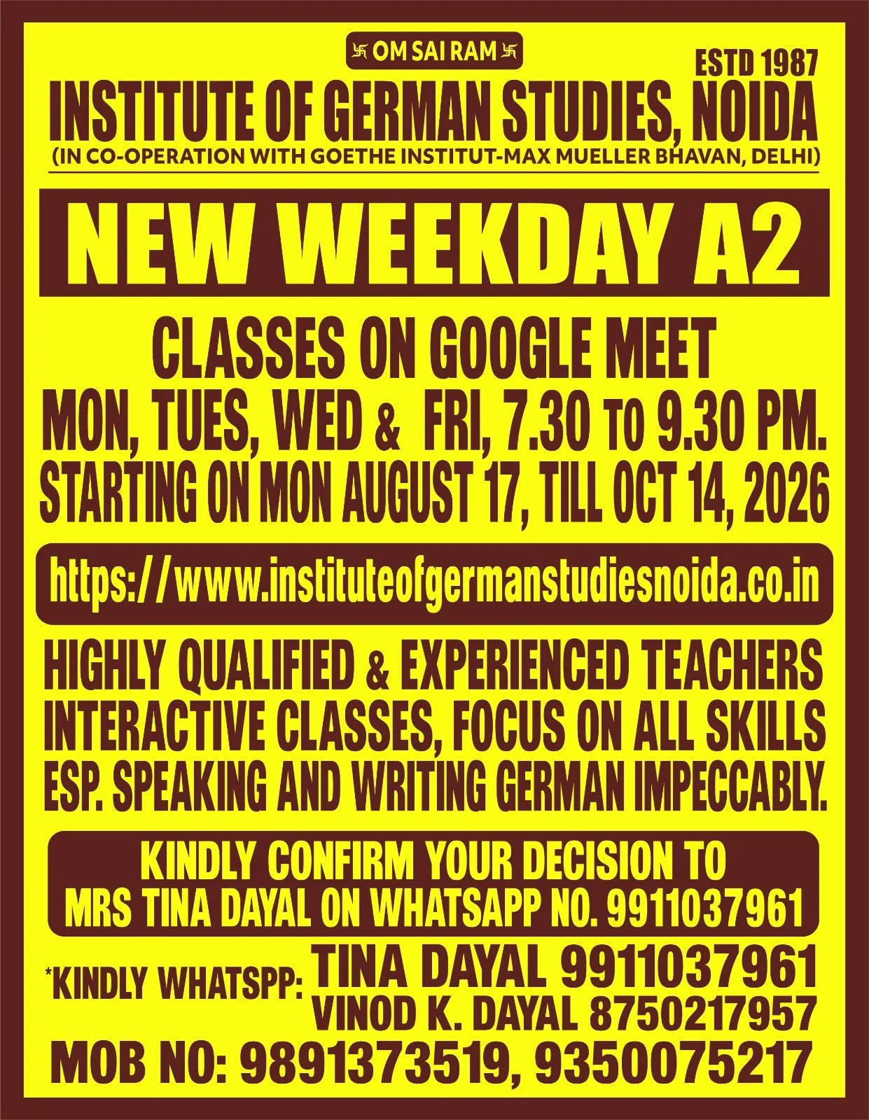 Advertisement for Institute of German Studies, Noida, established in 1987, offering German language classes starting August 17, 2023, with classes on Google Meet from Monday to Friday, 7:30 to 9:30 PM, conducted by highly qualified teachers, with contact details for Mrs. Tina Dayal on WhatsApp.