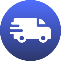 Dental transport : Icône d'une camionnette de livraison en blanc sur un fond circulaire dégradé violet et bleu.