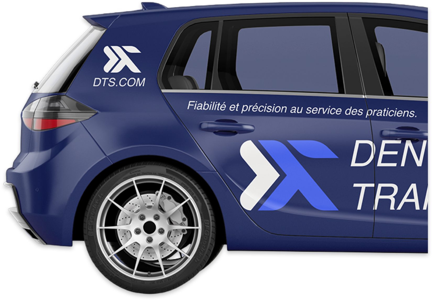 Voiture bleue avec logo et texte en français sur le côté