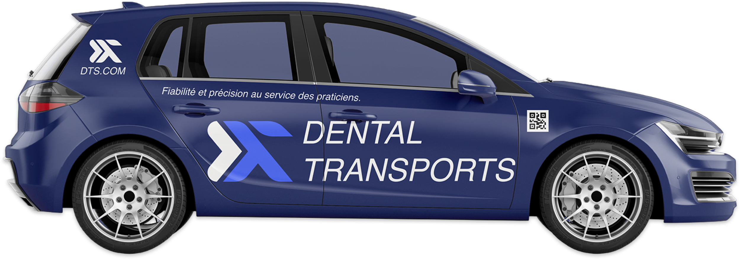 Voiture de dental transport de couleur bleue avec logo et texte promotionnel en français et QR code.