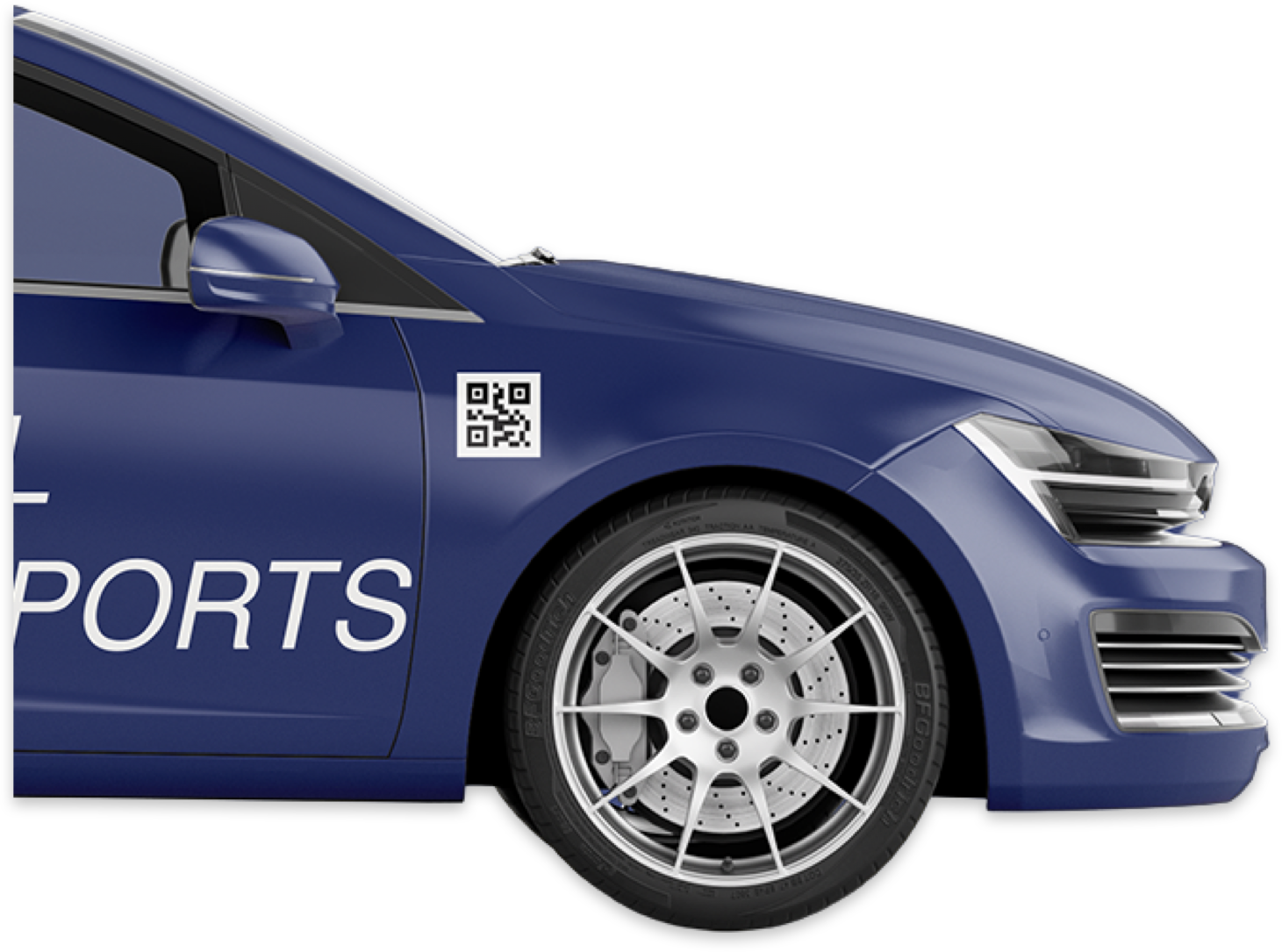 Partie avant d'une voiture bleue avec l'inscription Dental transport et un QR code, montrant la roue avant avec jantes en alliage et freins à disque.