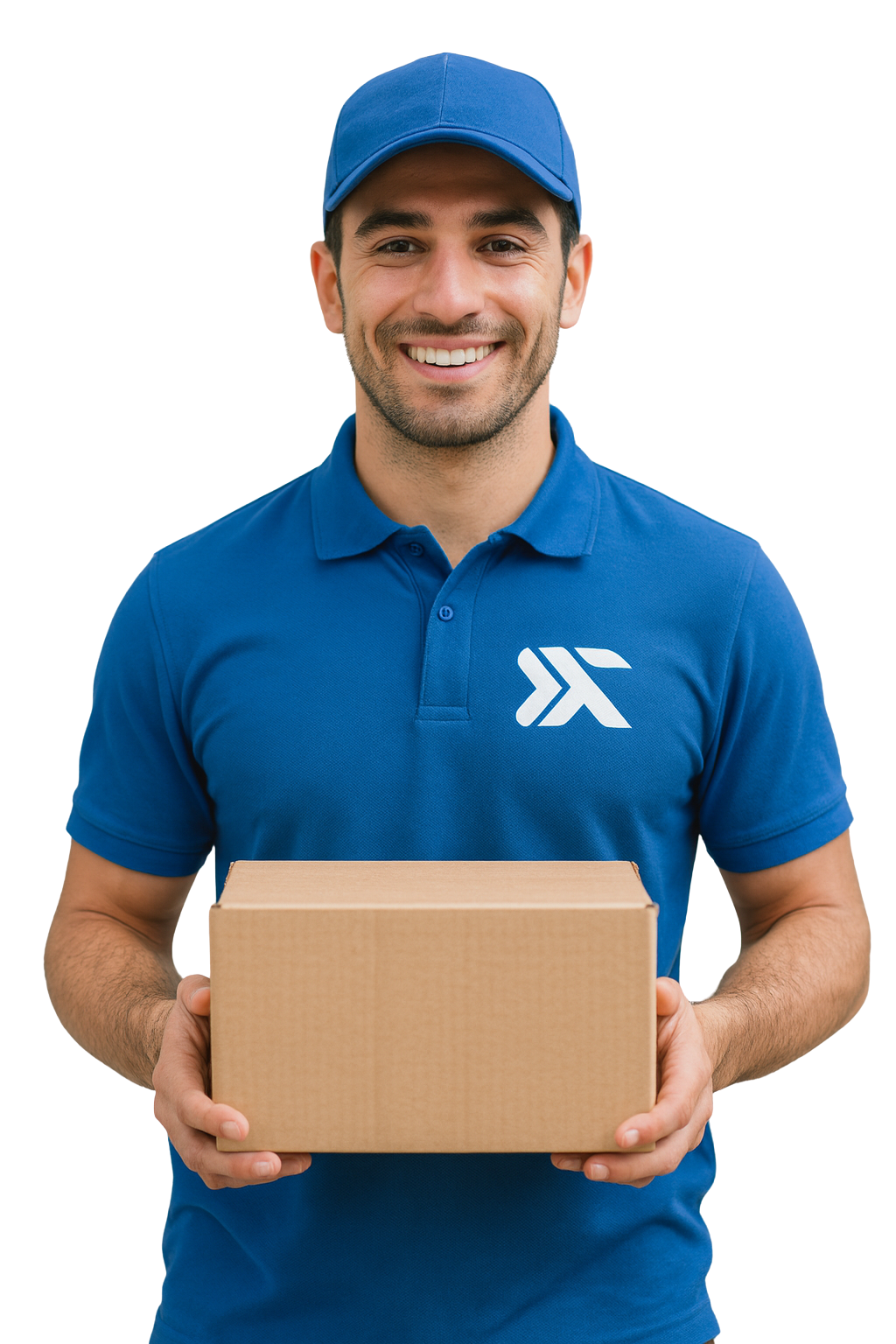 Livreur souriant portant un uniforme bleu avec un logo Dental transport, tenant une boîte en carton.
