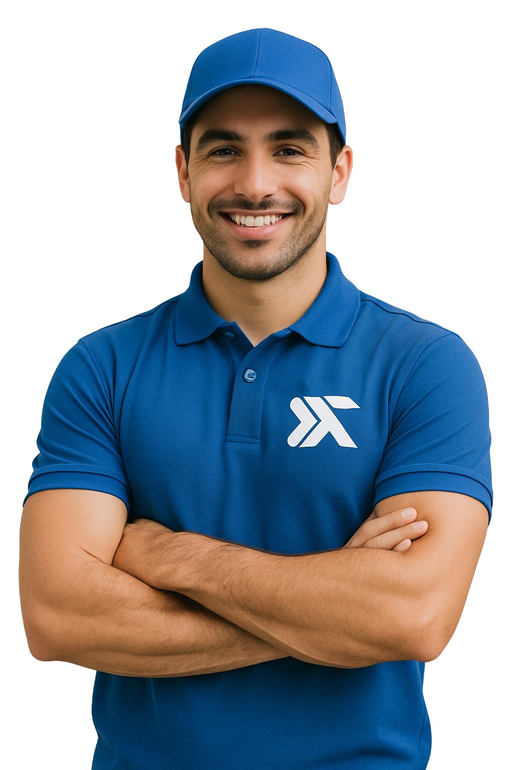 Un homme souriant portant une casquette bleue et un polo bleu avec un logo Dental transport, les bras croisés.