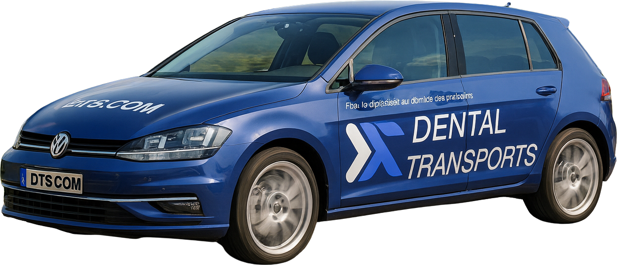 Voiture bleue de transport dentaire avec logo et texte, portant un panneau d'immatriculation DTS COM.