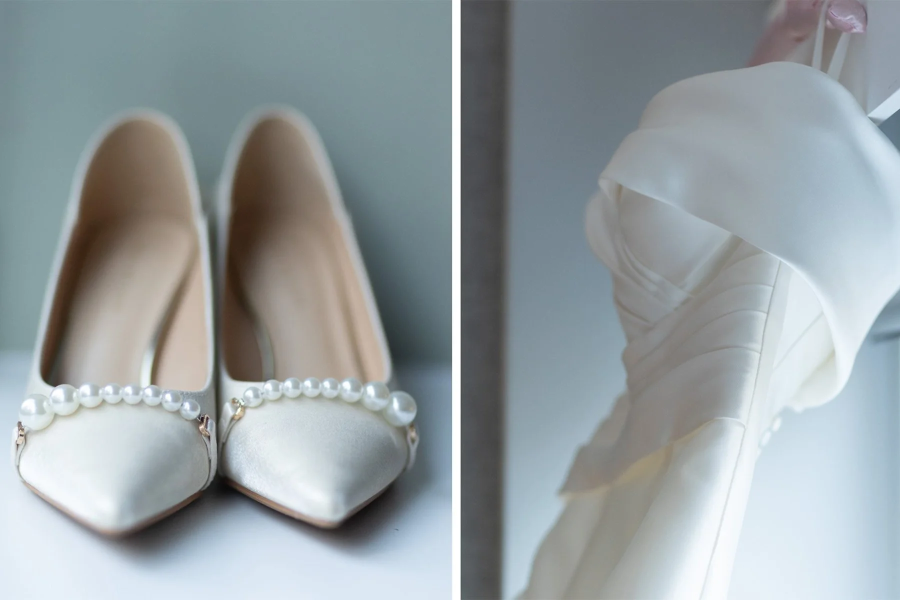 Bridal shoes and dress detail wedding morning