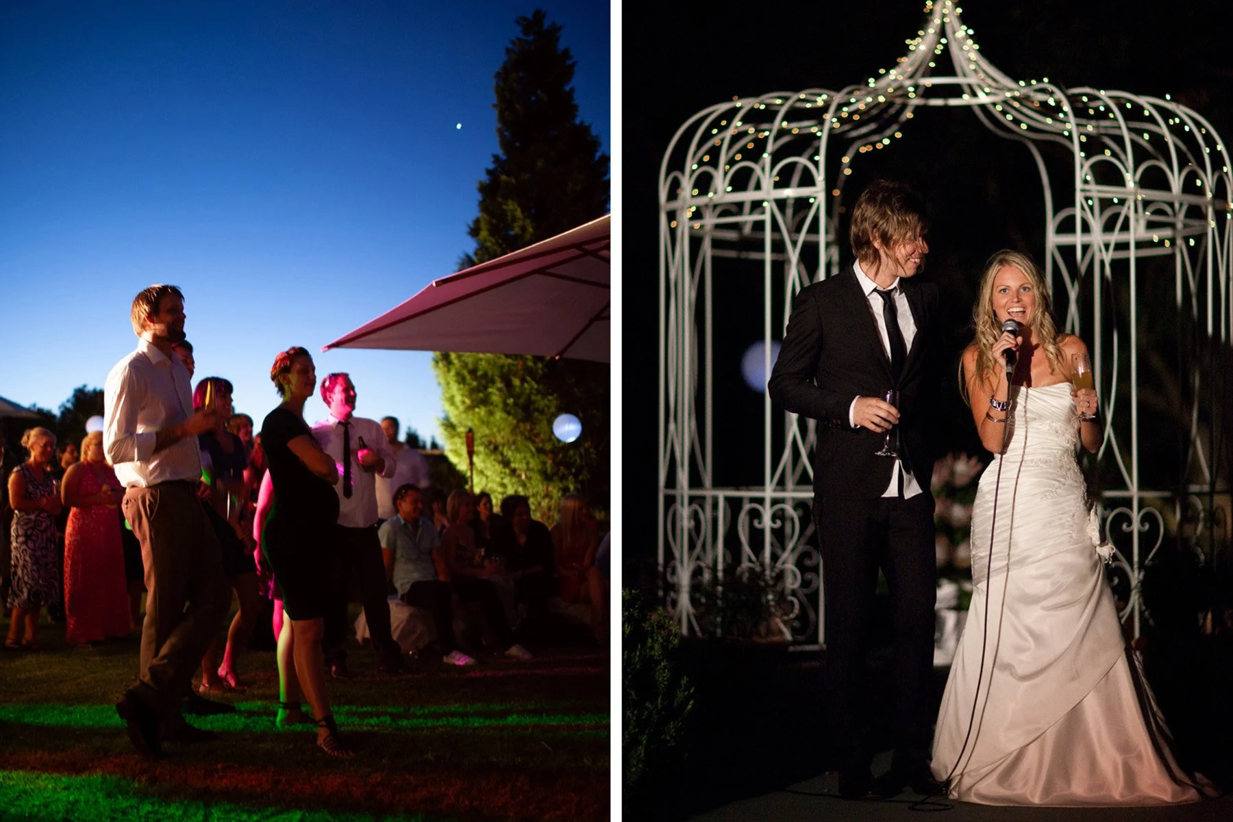 Sunset wedding speeches outdoor private garden reception 