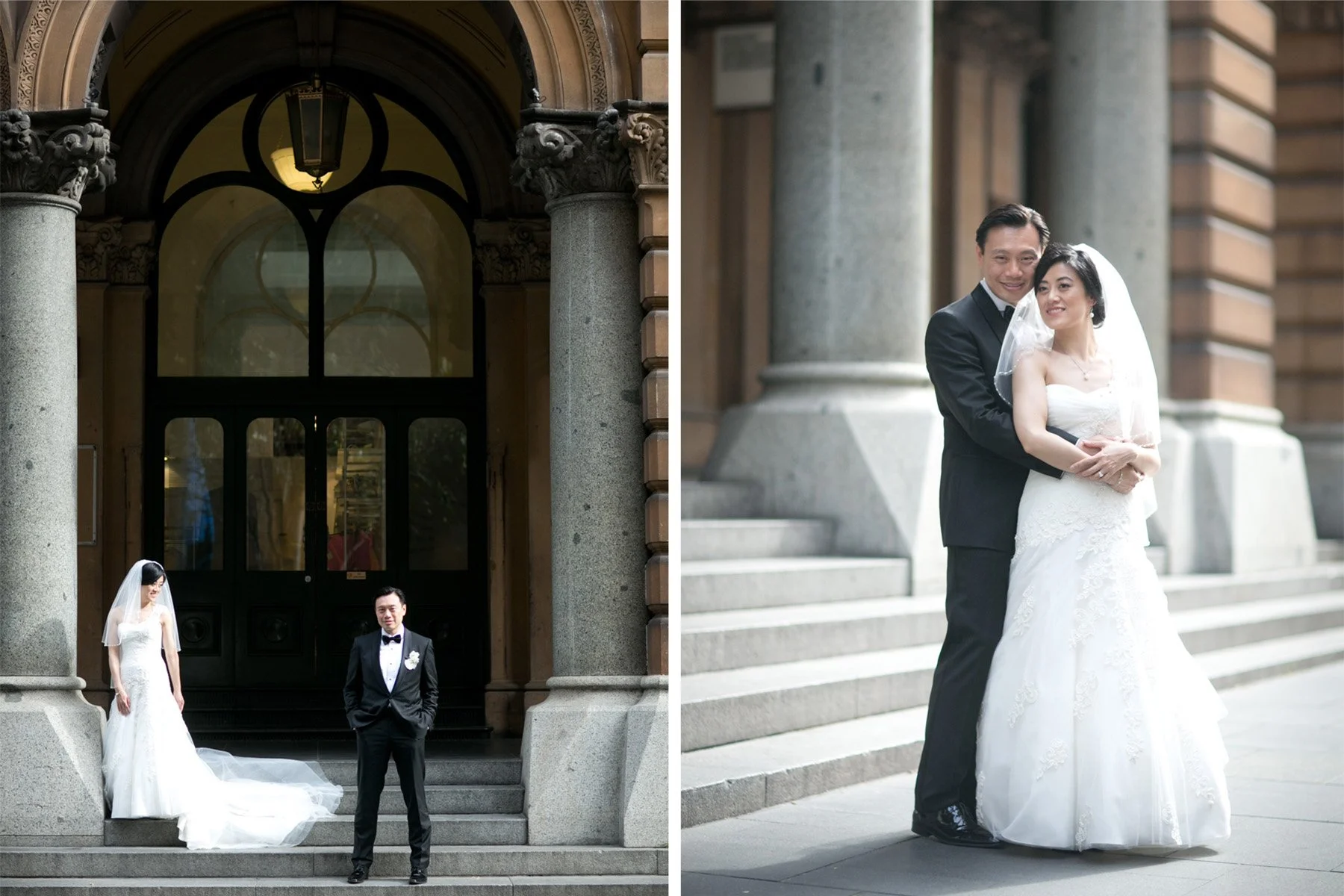 Bride and groom at GPO entrance steps, Martin Place Sydney