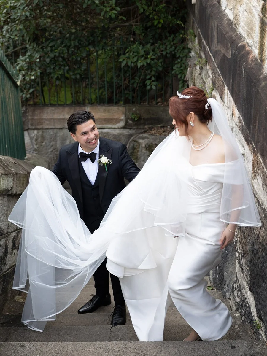 Veil lifted on the sandstone steps, Millers Point wedding portraits