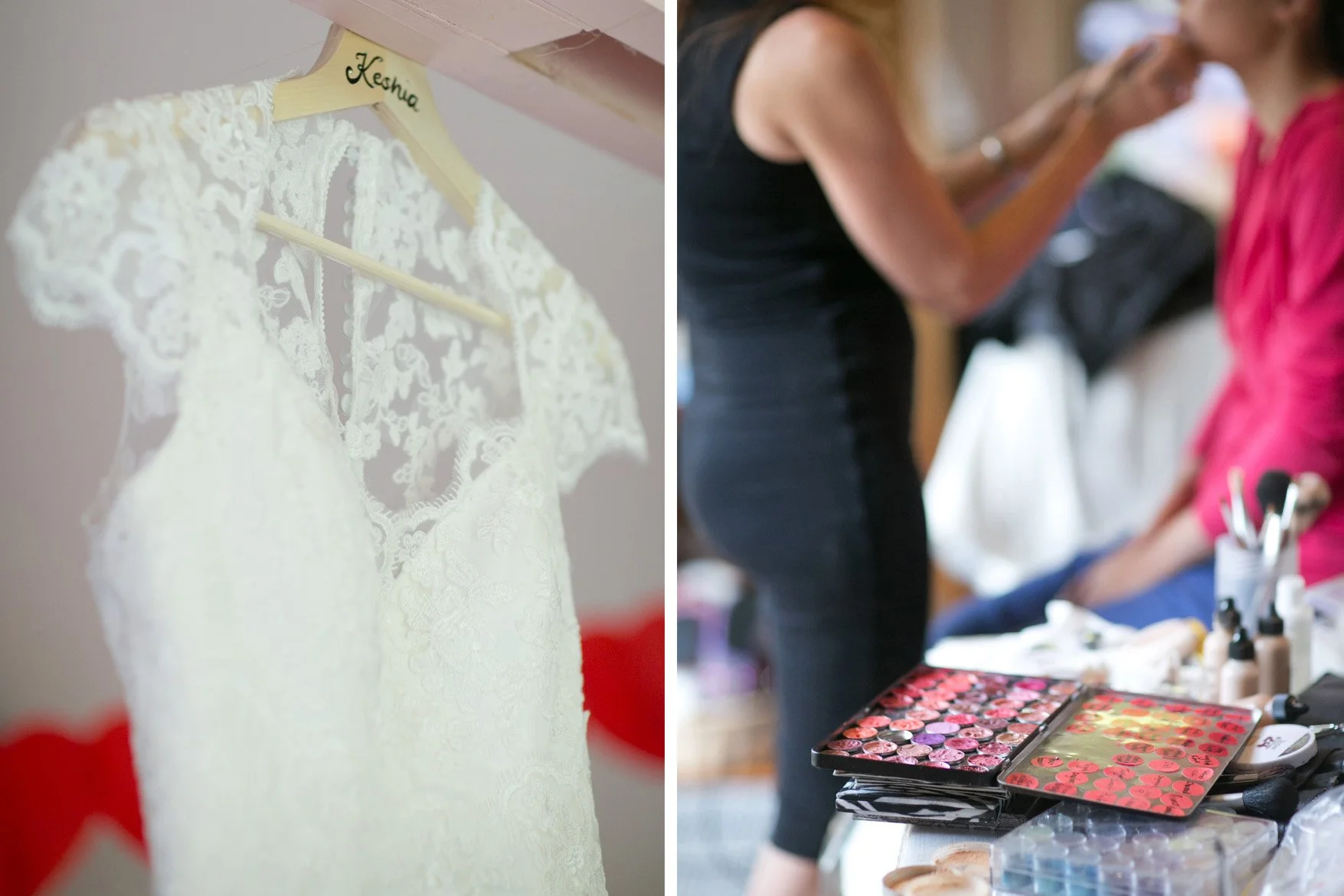 Wedding dress hanging and make up table