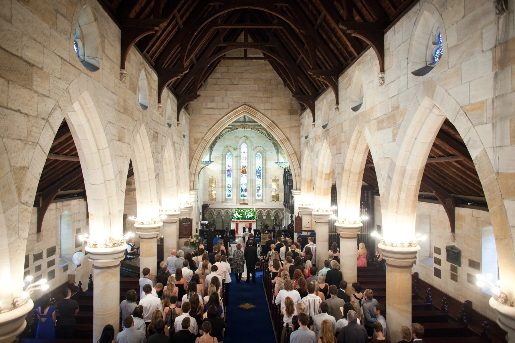 Church interior from balcony during wedding ceremony at St Marks Anglican Church Darling Point