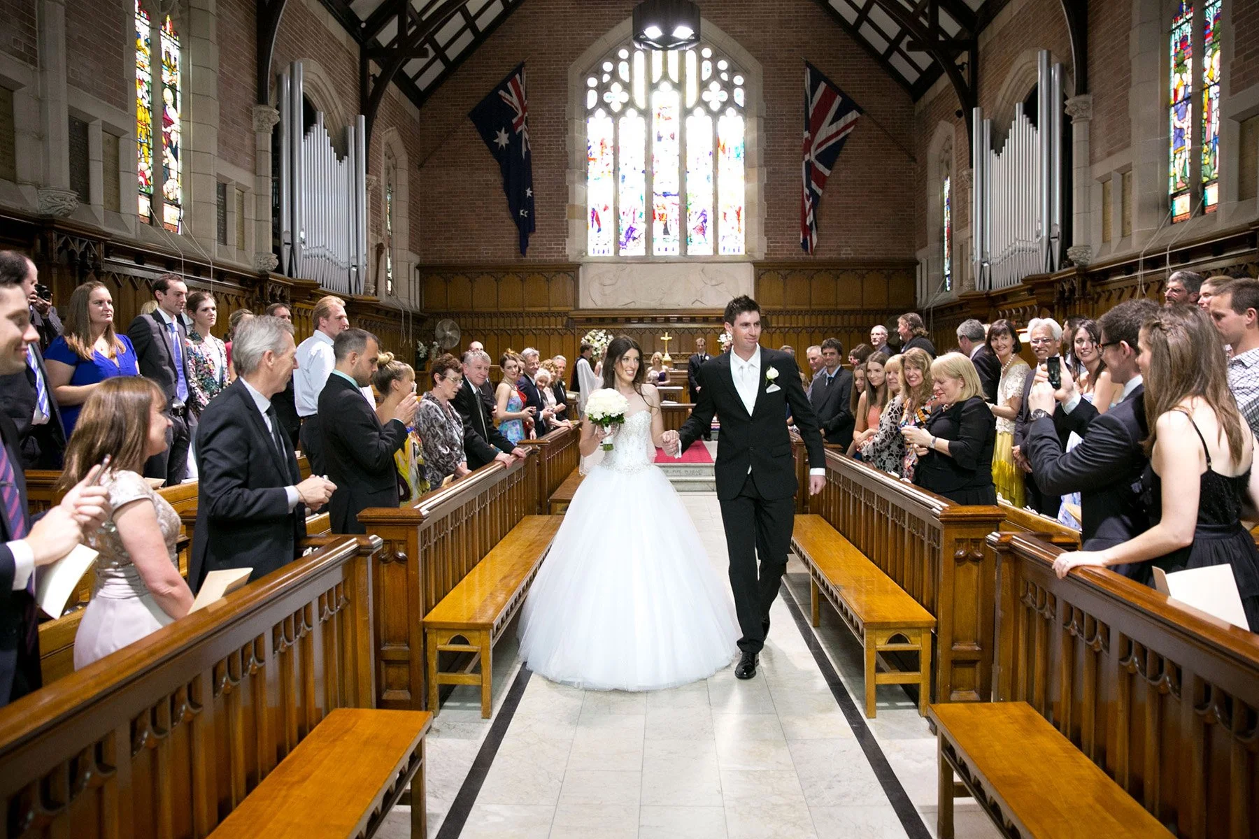 Just married recessional down the aisle, Shore School Chapel, North Sydney