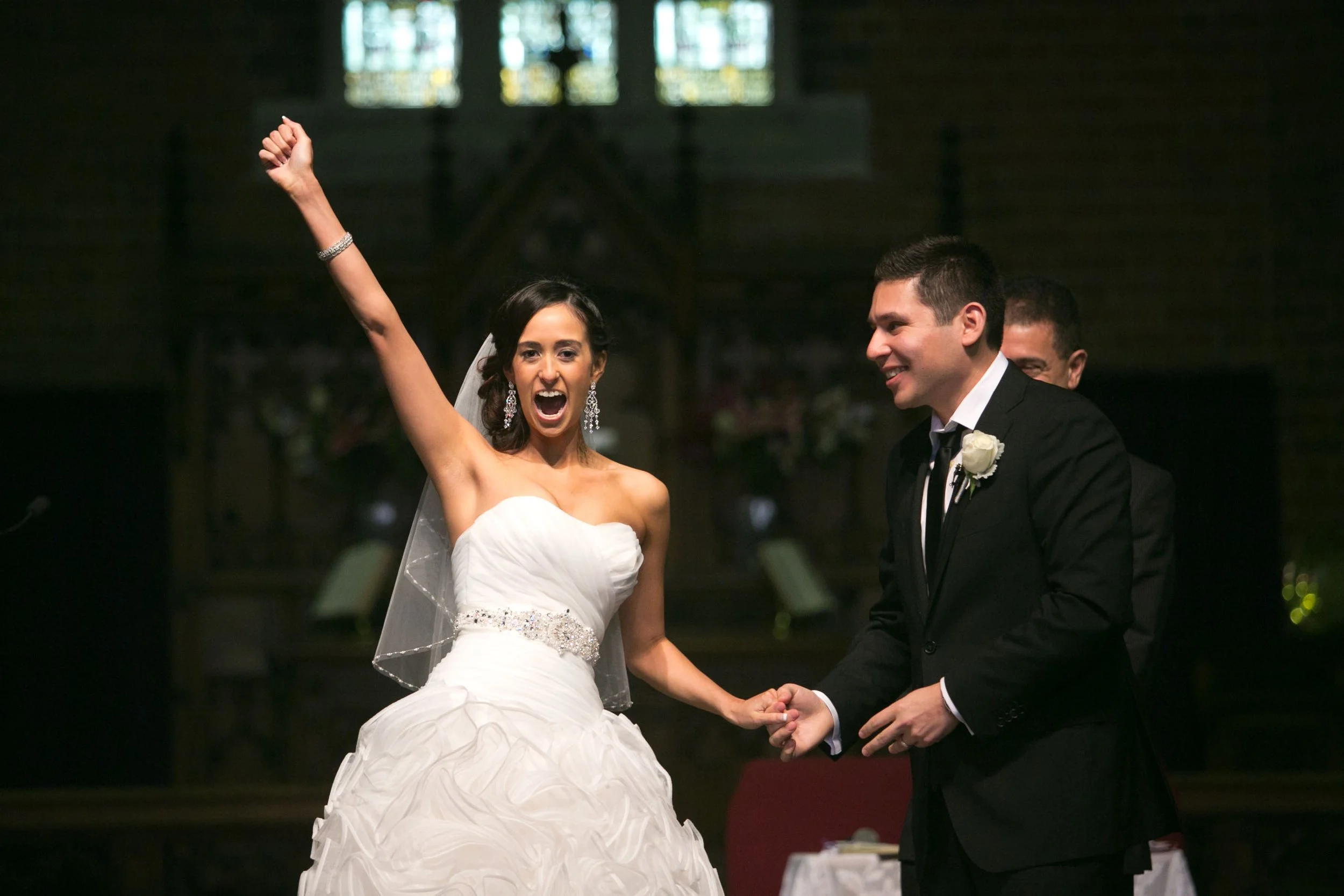 Joyful just married moment at St Matthews Anglican Church Manly