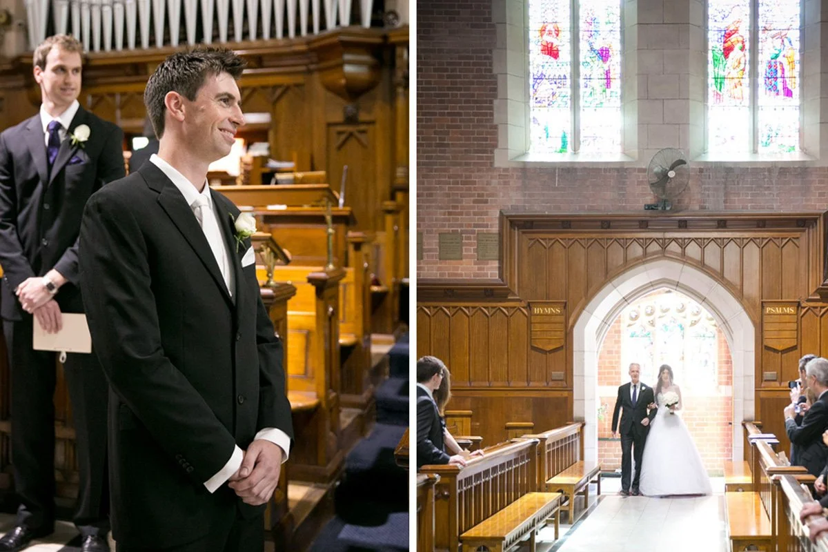 Groom waiting at altar and first sight of bride, Shore School Chapel North Sydney