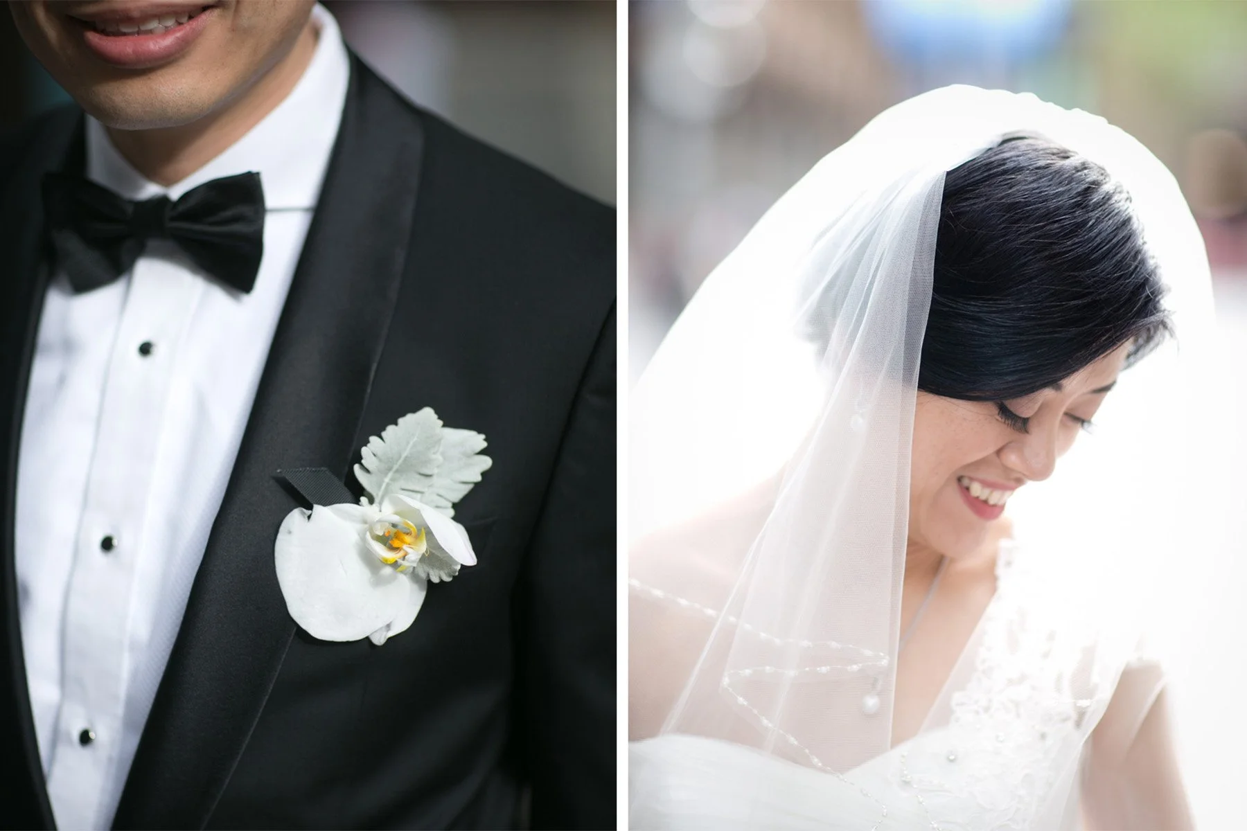 Groom lapel corsage and bride veil detail, Sydney wedding