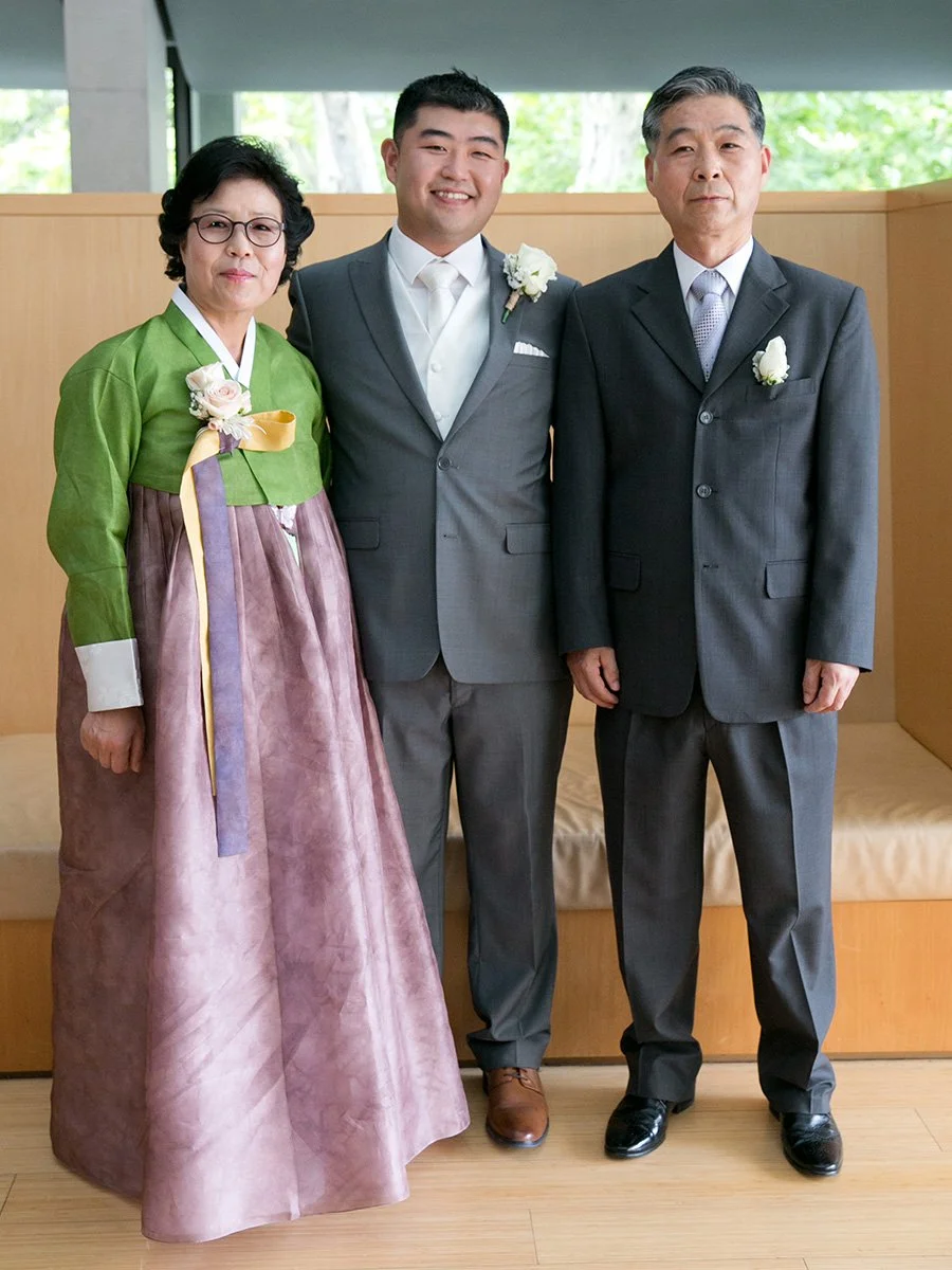 Grooms with family mother in traditional Korean hanbok St Barnabas Broadway Ultimo Sydney wedding
