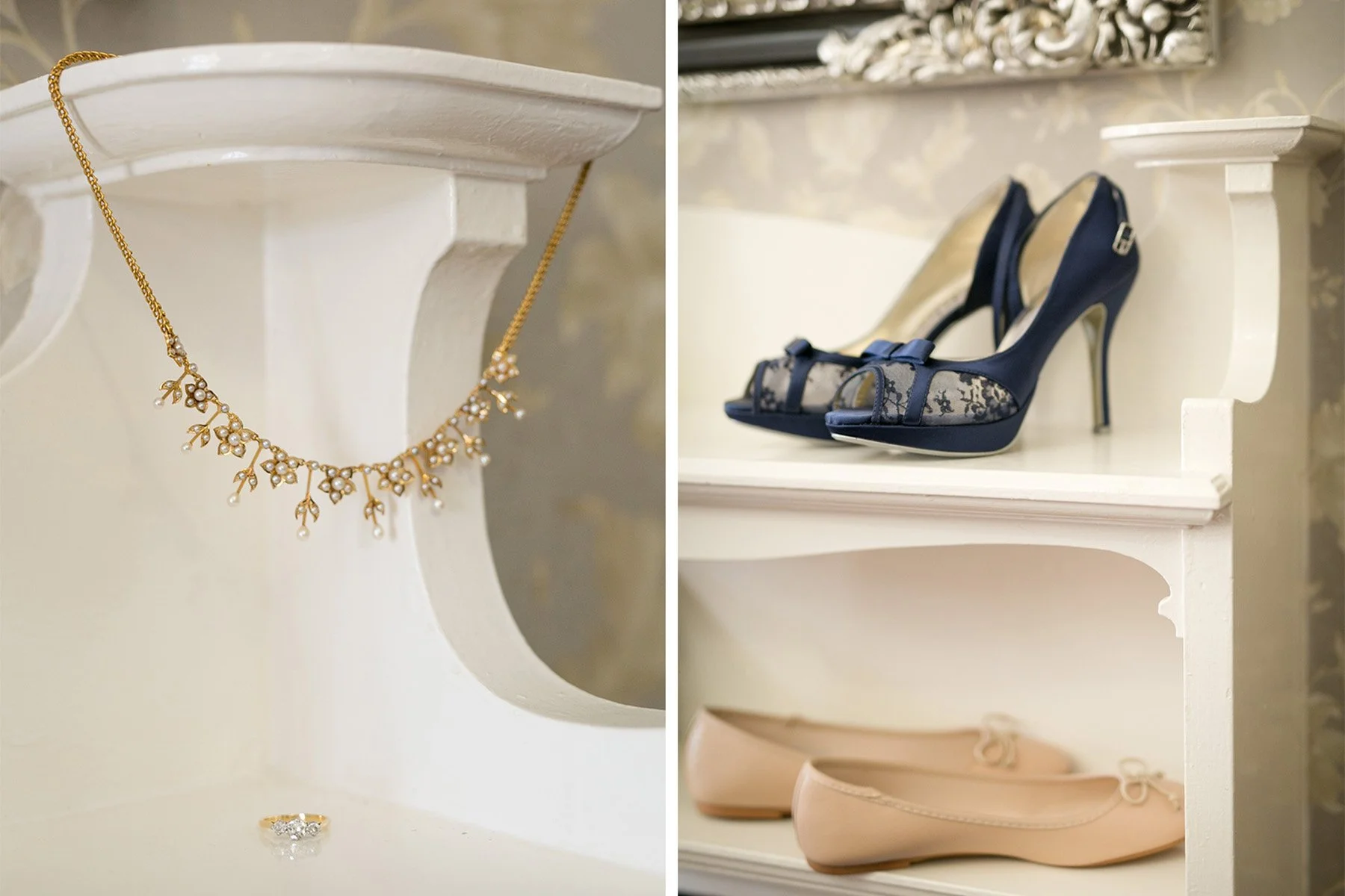 Heirloom necklace bridal shoes and bridal flats