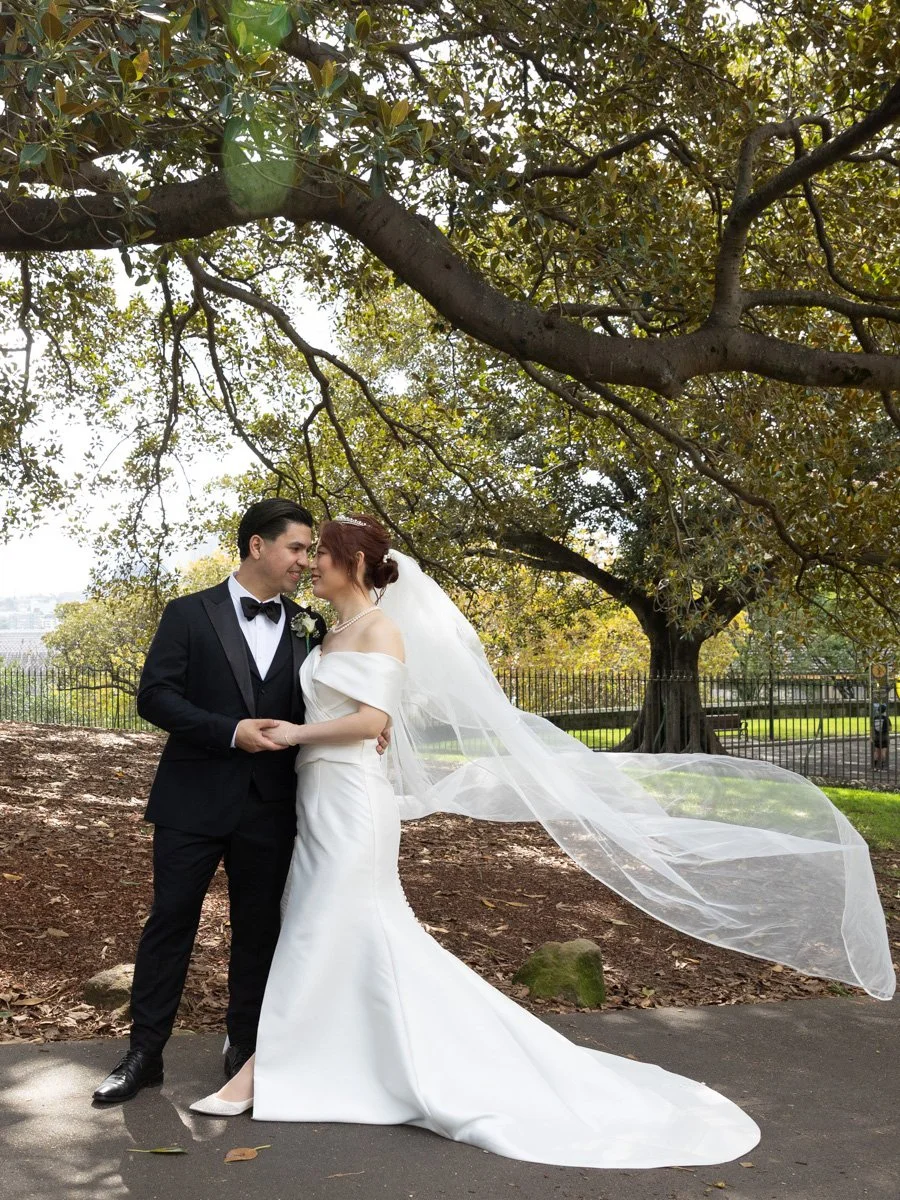 groom holding bride under moreton bay fig tree observatory hill