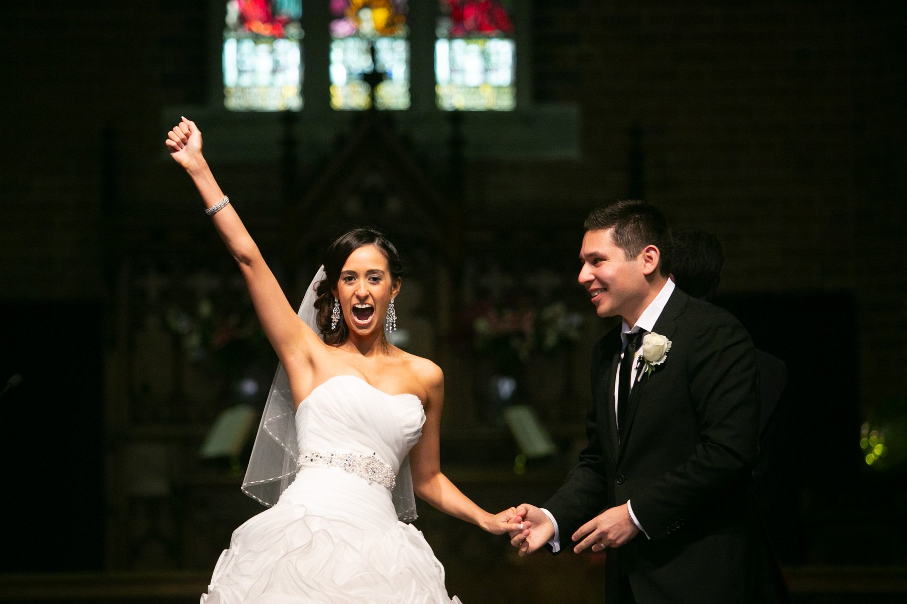 Joyful just married moment at St Matthews Anglican Church Manly