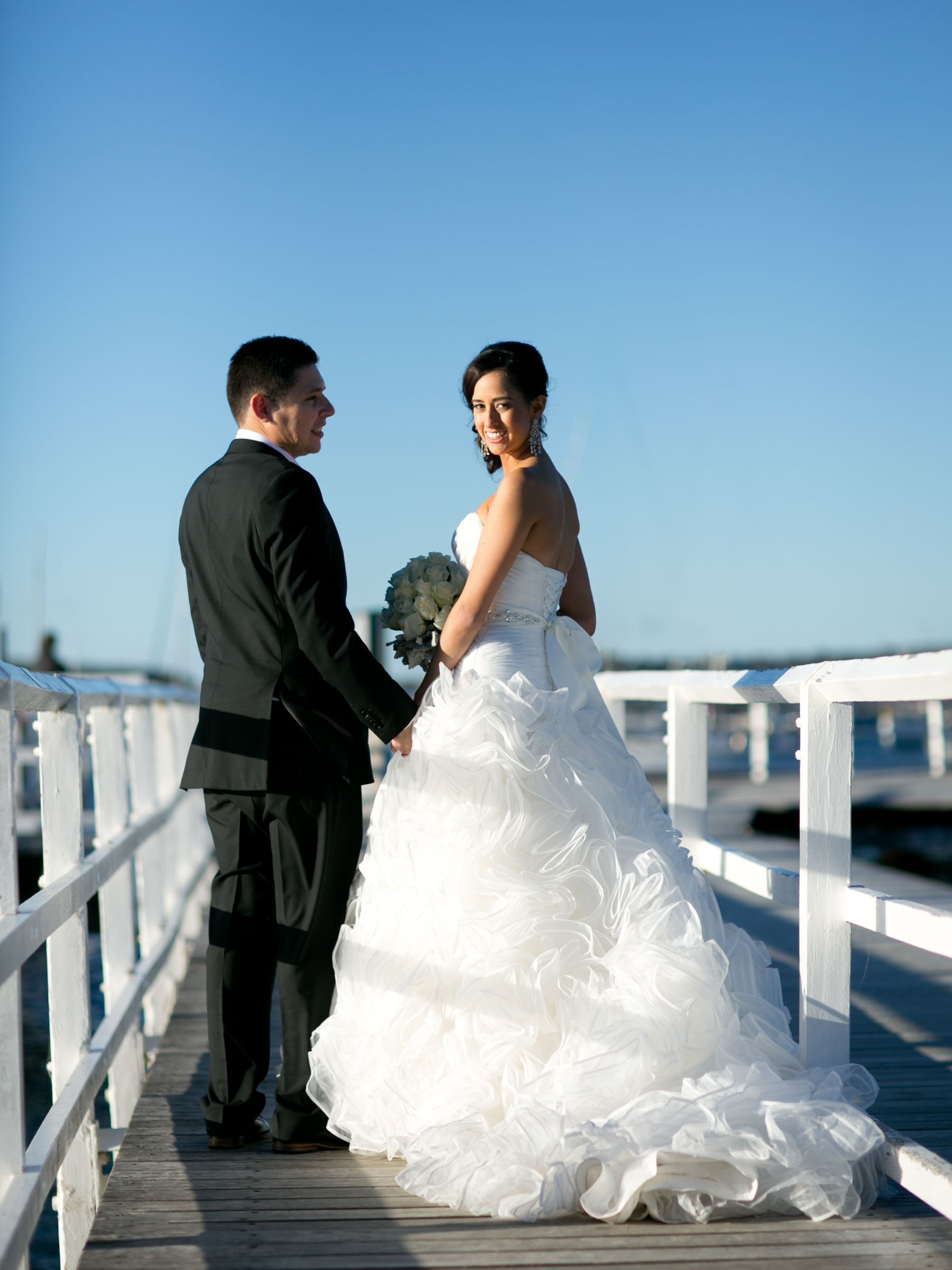 Bridal couple portrait at Balmoral Baths jetty