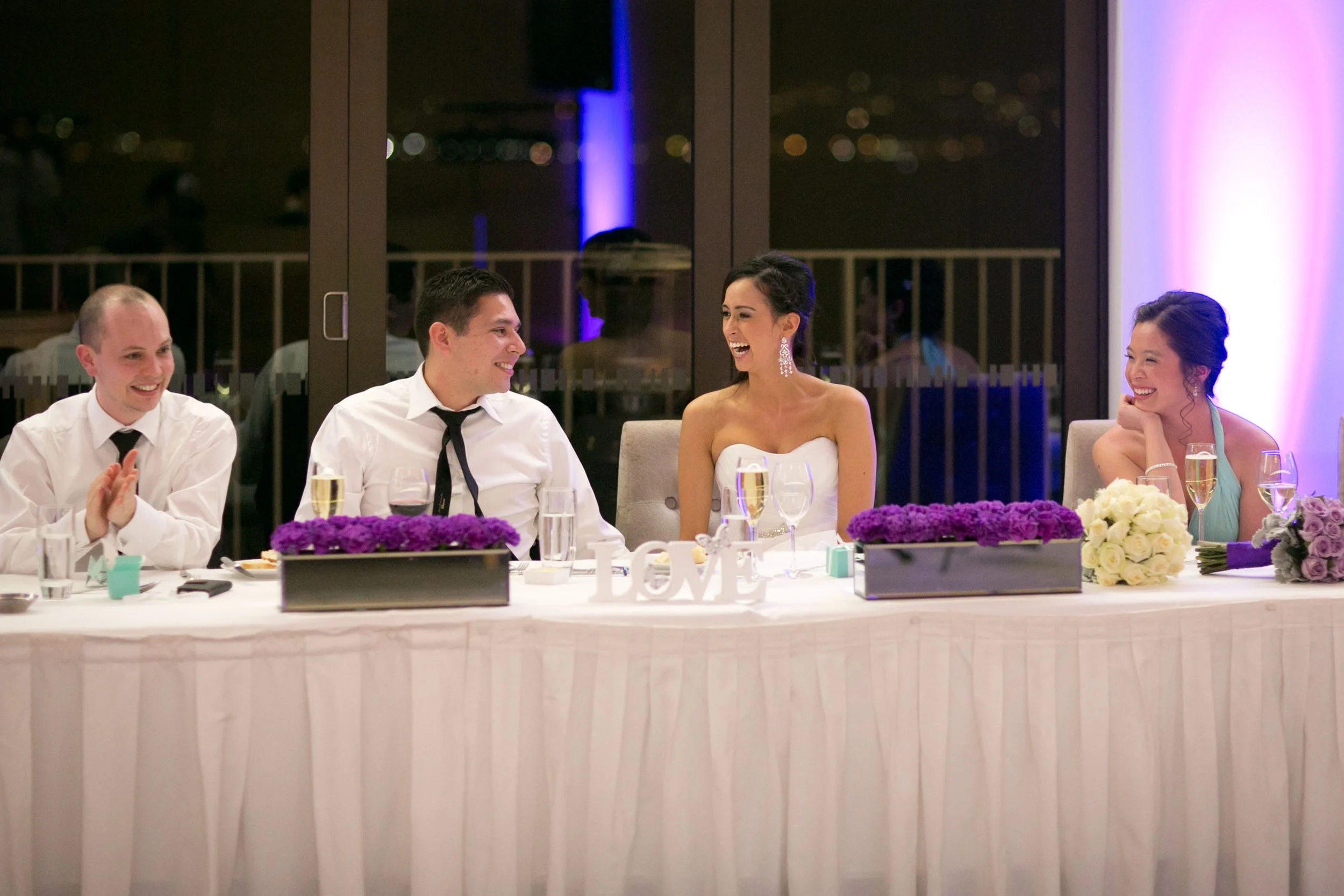 Bride and groom laughing at bridal table, Sergeants Mess Mosman