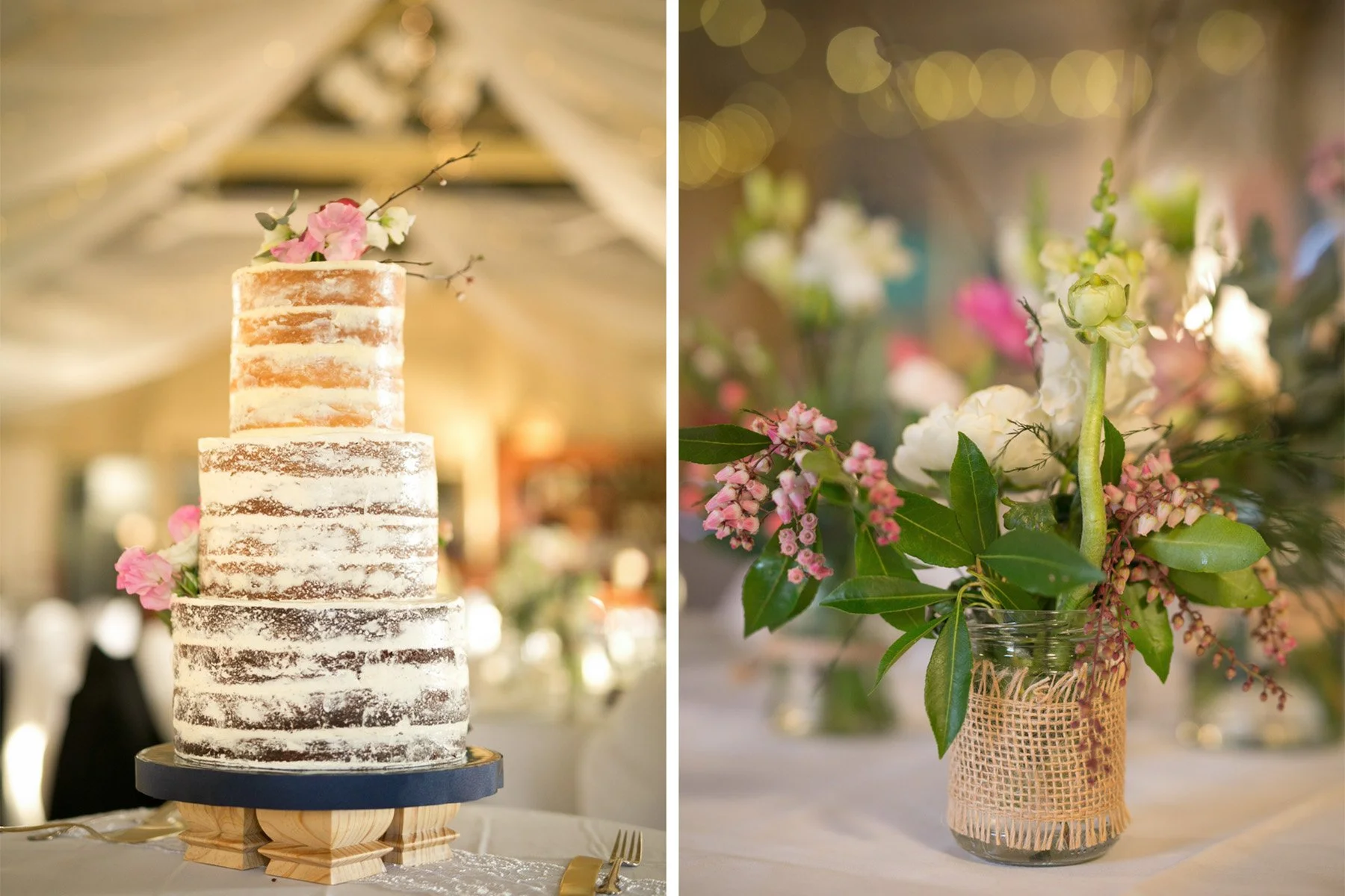 Loose floral centrepiece in a hessian jar on the reception tables, Athol Hall Mosman