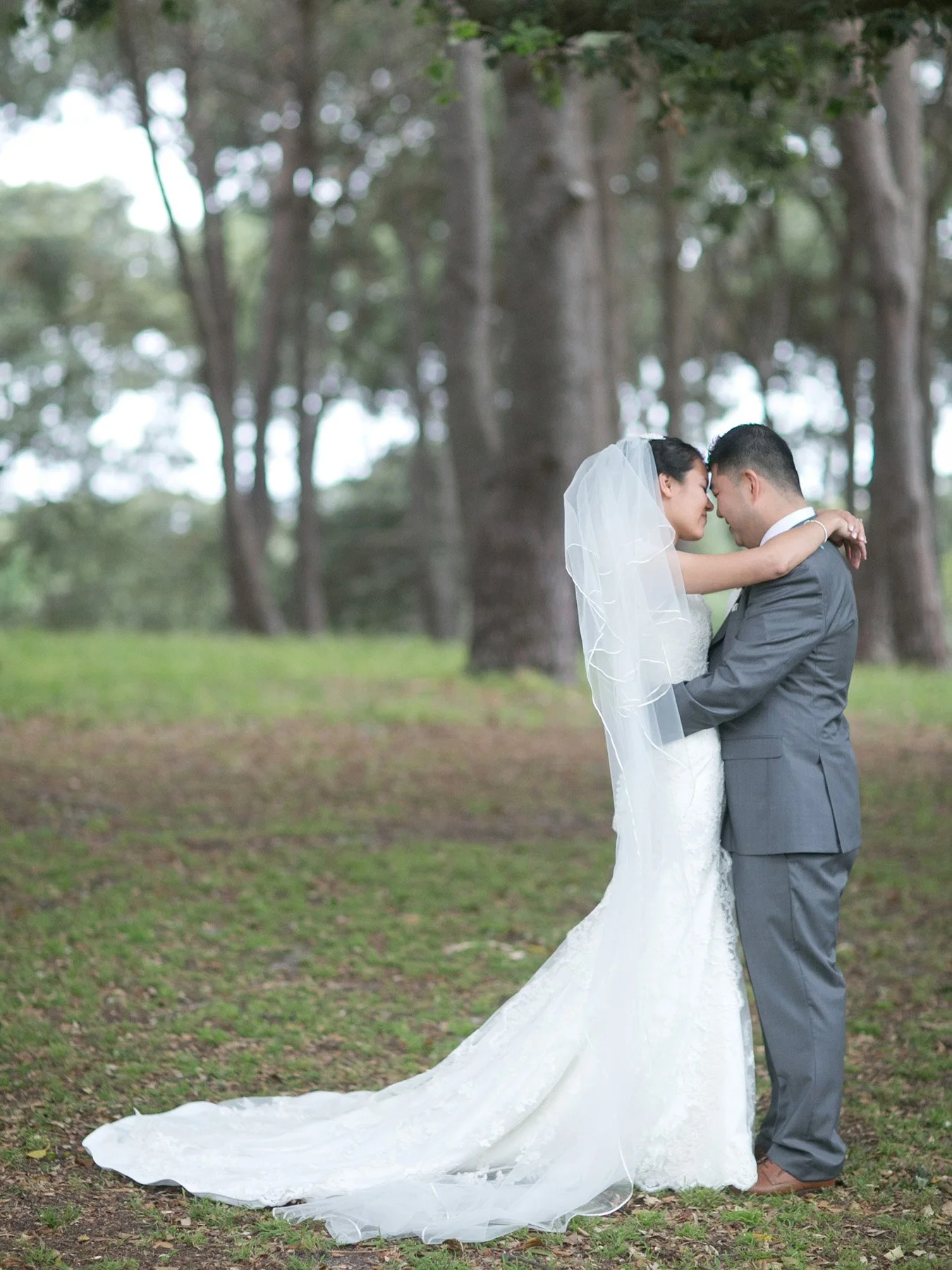 Bride and groom among pine trees Centennial Park Sydney wedding portrait
