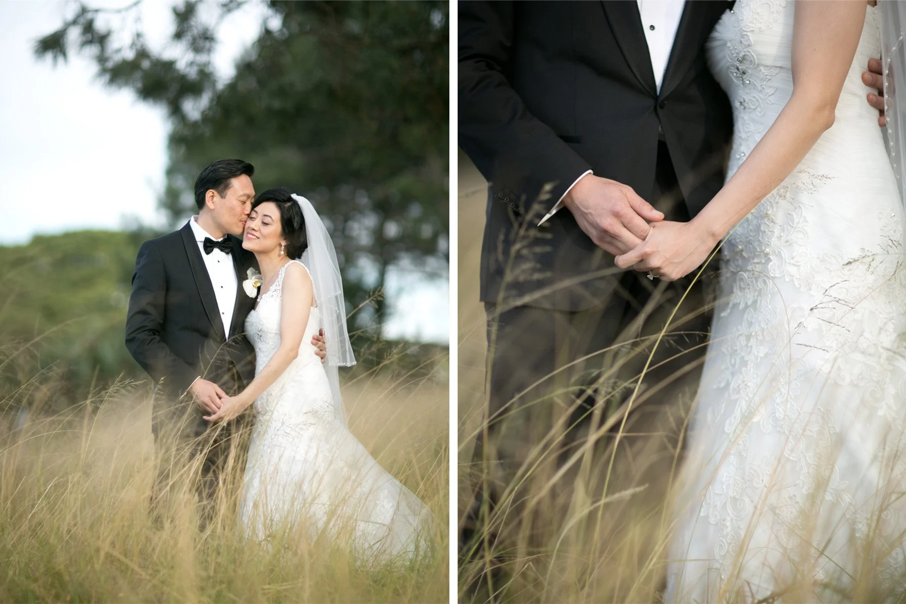 Bride and groom embracing in long grass, Centennial Park Sydney