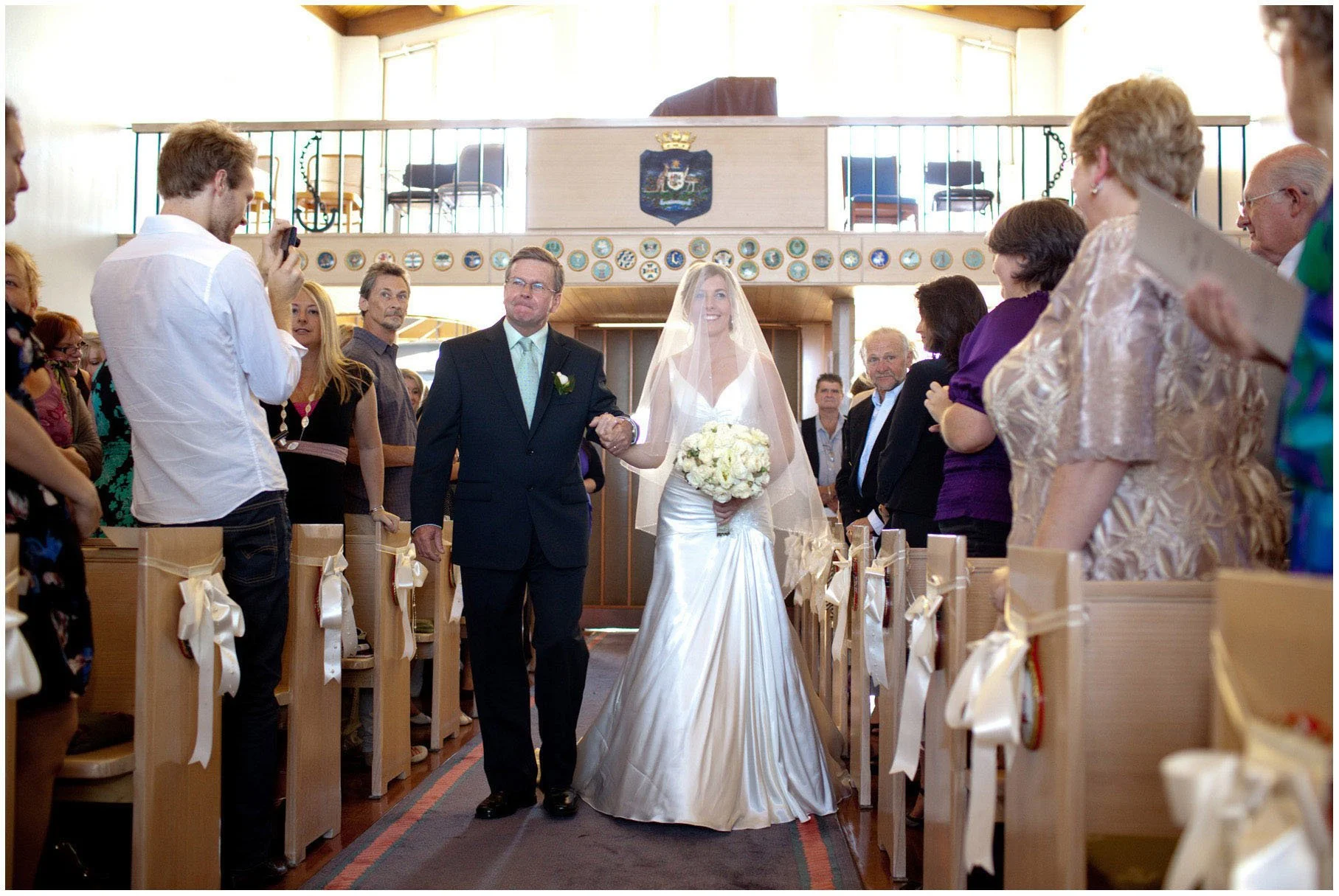 Father walking bride down the aisle, HMAS Watson chapel, Watsons Bay