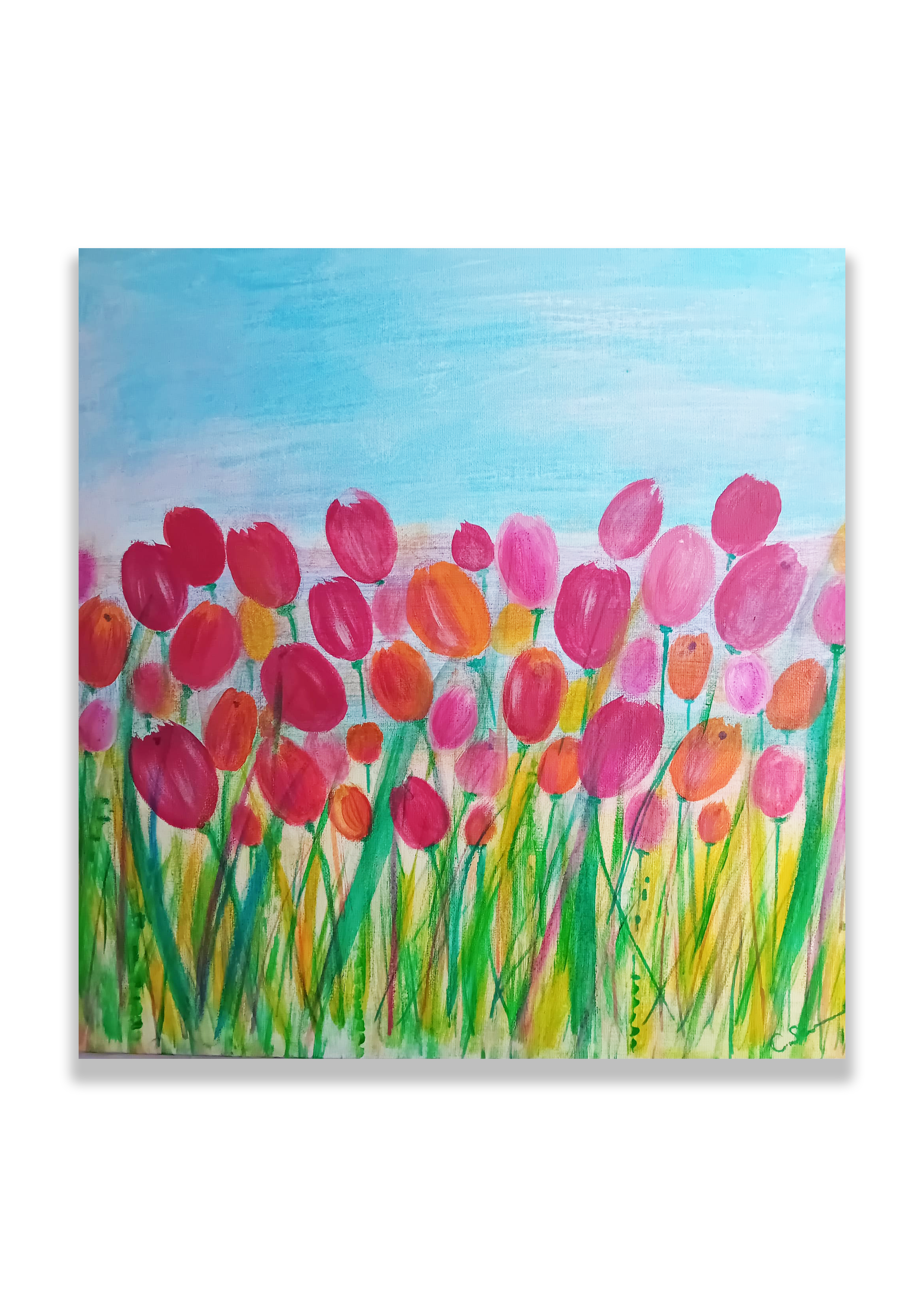 Happy tulips - acrylic and mixed media - 40x40cm - Caroline Scudamore - 180chf