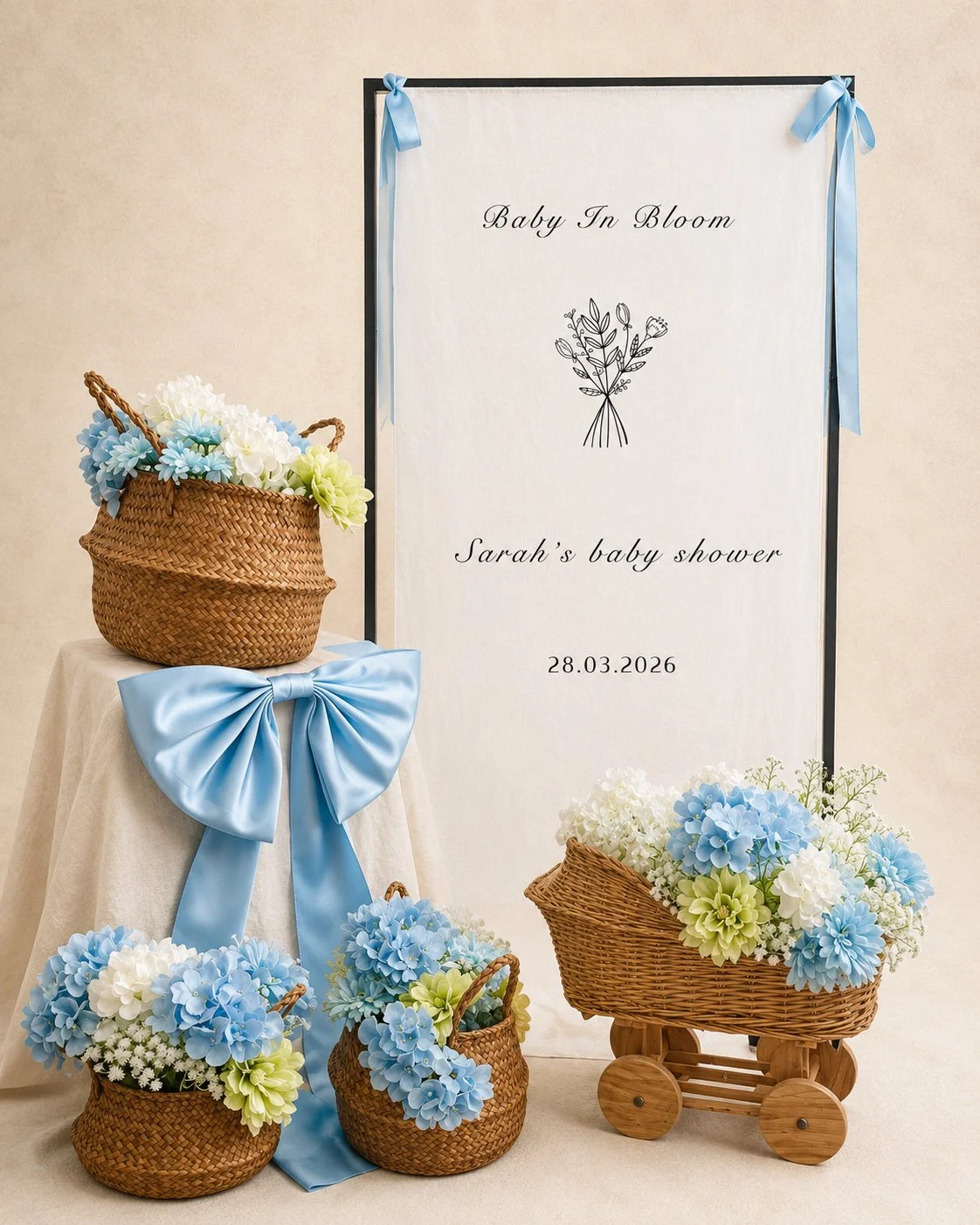 Decorative display for a baby shower with baskets of white, light blue, and pale green flowers, a large white board with black text, a blue ribbon, and a small wooden cart with flowers.