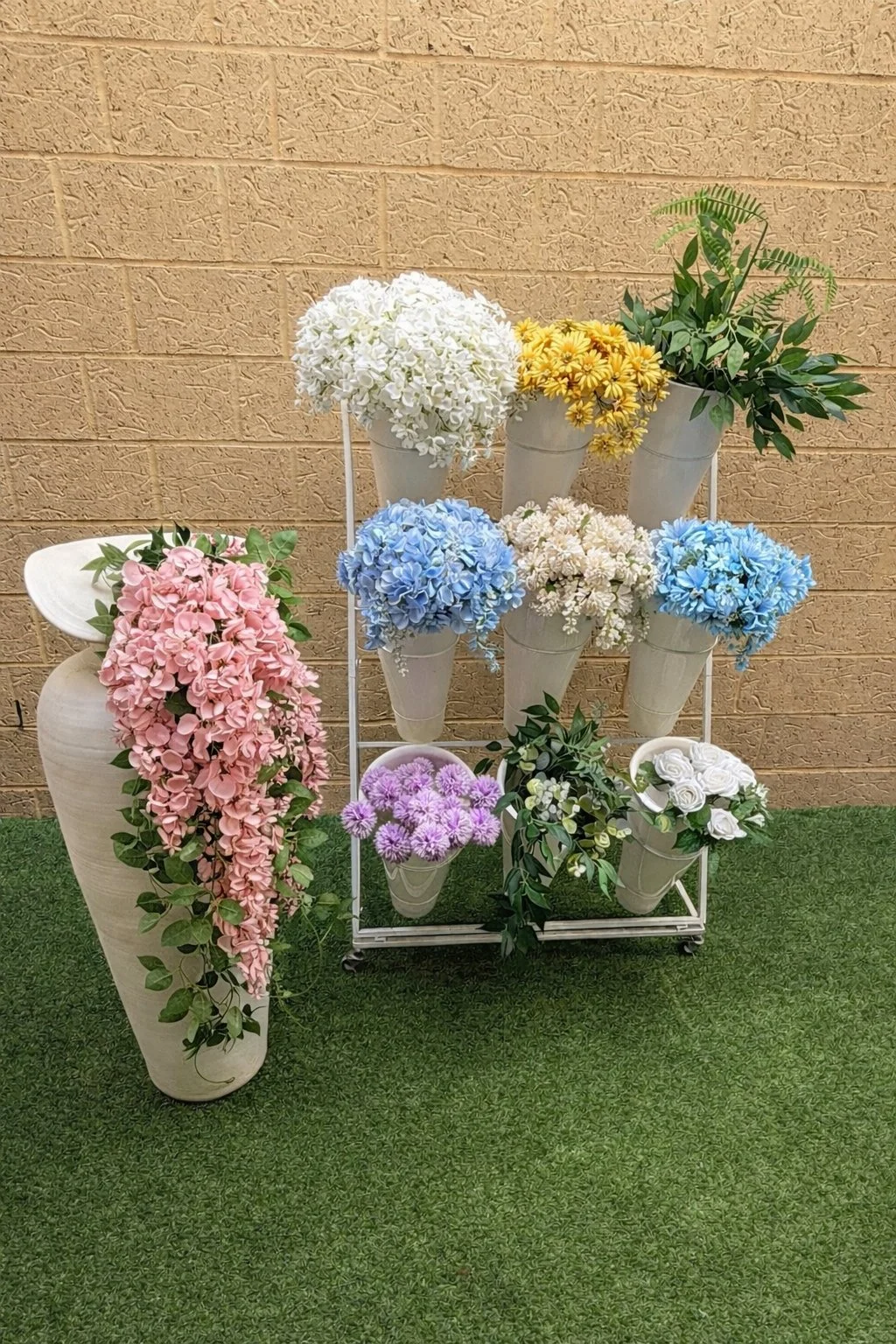 Large White Vase & Flower Cart