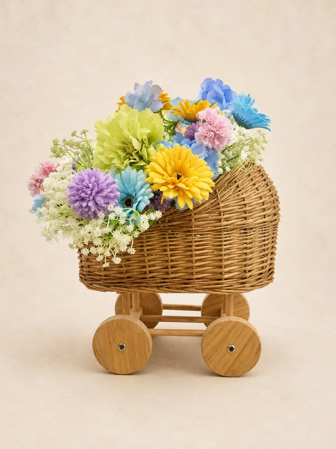 Small Wicker Pram (32x25x18.5cm).
Comes with an artificial floral arrangement and bow of your choice.
$30