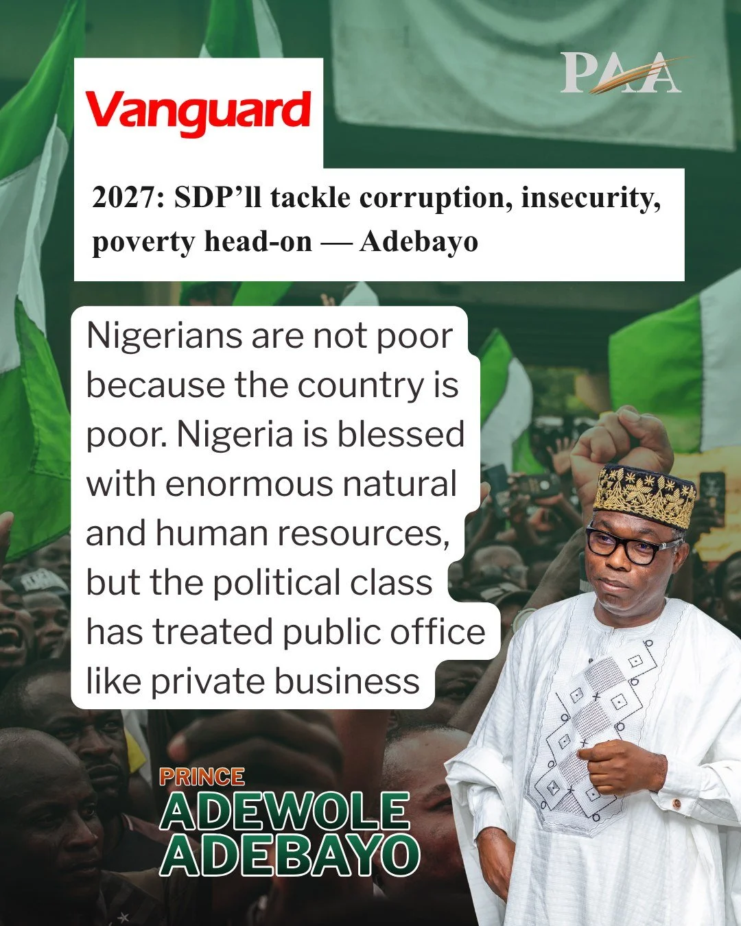 This government has allowed corruption, insecurity, and poverty to run rife in our country. 

Other opposition parties are too focused on in-fighting and horse trading to hold those in power to account. 

The SDP is different. It is a party unified b