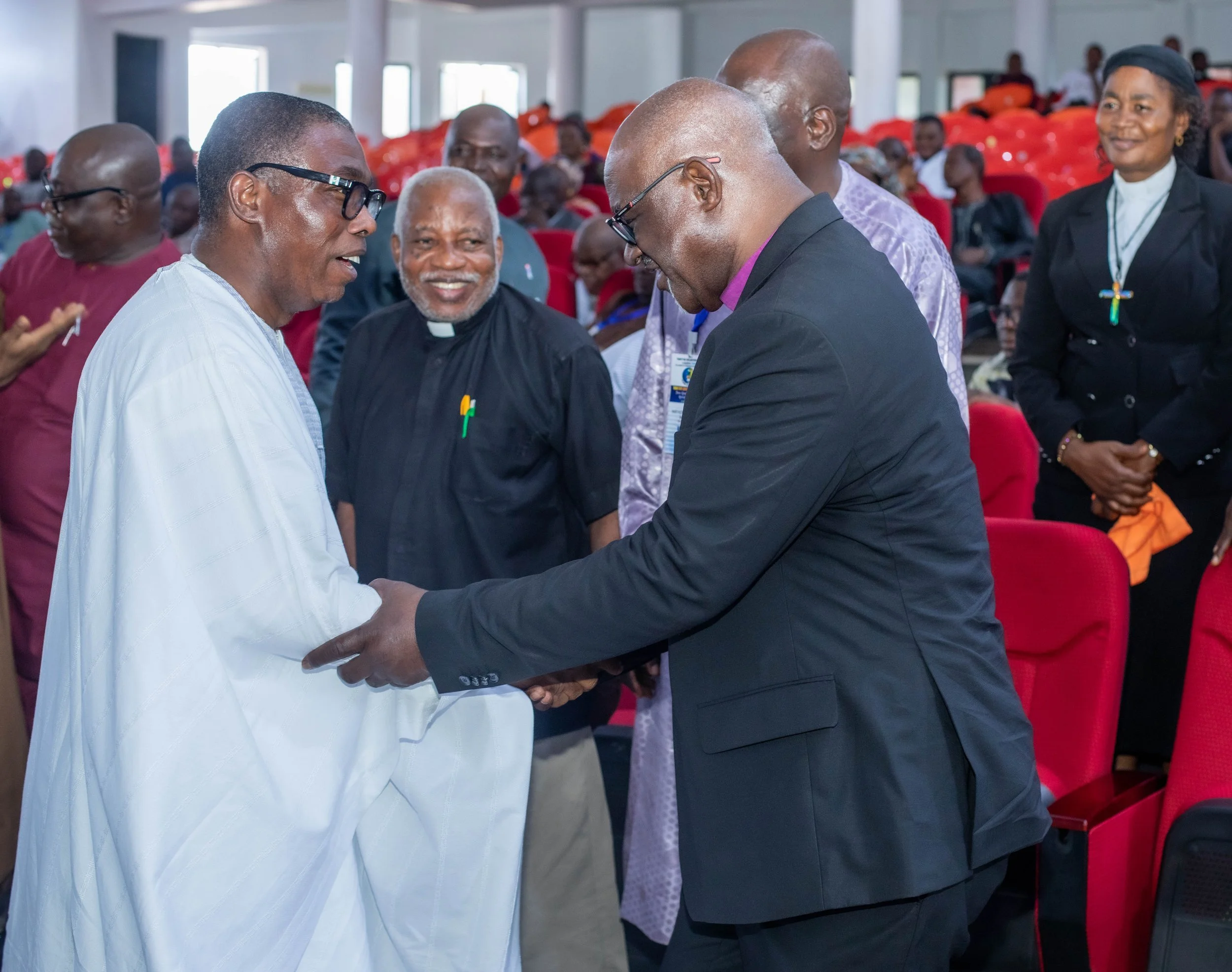 Prince Adewole Adebayo shaking hands with religious leaders at the Tekam 70th General Assembly Conference Held at MKAR Headquarters, Benue State, Nigeria (8 January 2026).