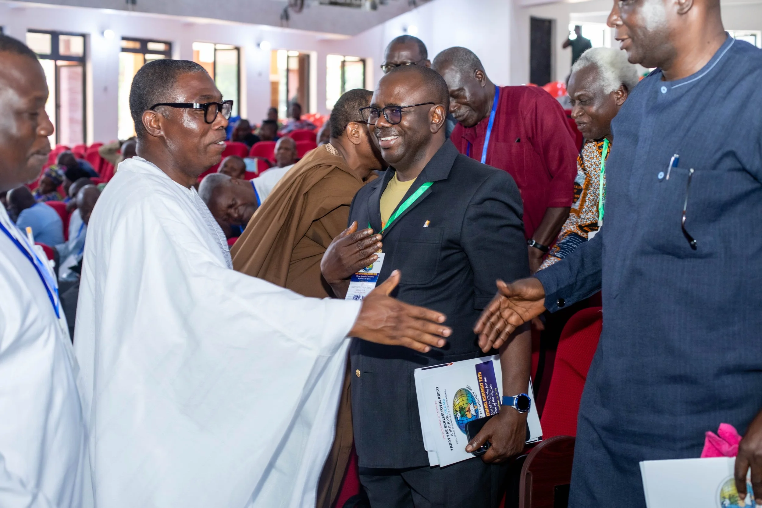 Prince Adewole Adebayo shaking hands with worshippers at the Tekam 70th General Assembly Conference Held at MKAR Headquarters, Benue State, Nigeria (8 January 2026).