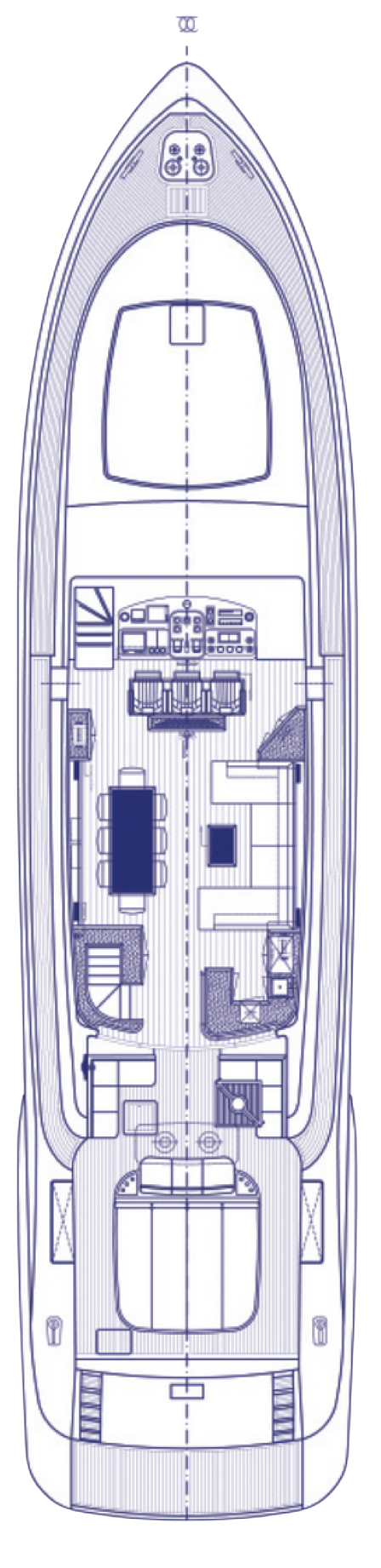 Blueprint of a yacht's interior layout, including the wheelhouse, dining area, lounge, and outdoor deck with seating.