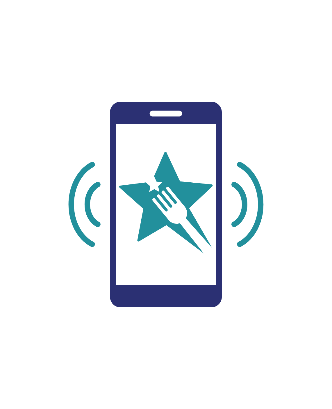 Smartphone with a star and fork logo on the screen, indicating restaurant or food delivery service, with signal waves on both sides.