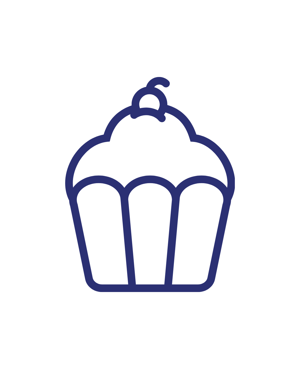 Outline of a cupcake with a cherry on top, depicted in blue lines.