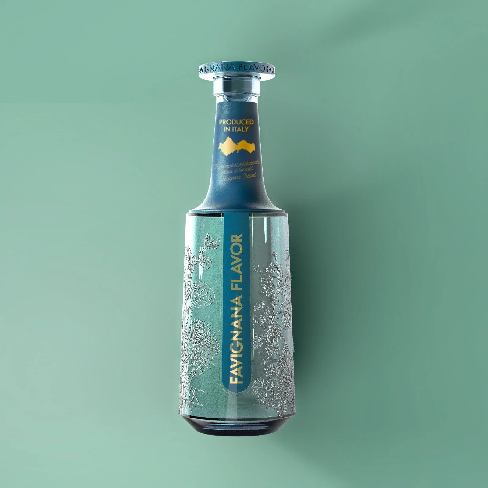 A glass bottle labeled 'Favignana Flavor' with a engraved detailed floral design, placed against a mint green background.