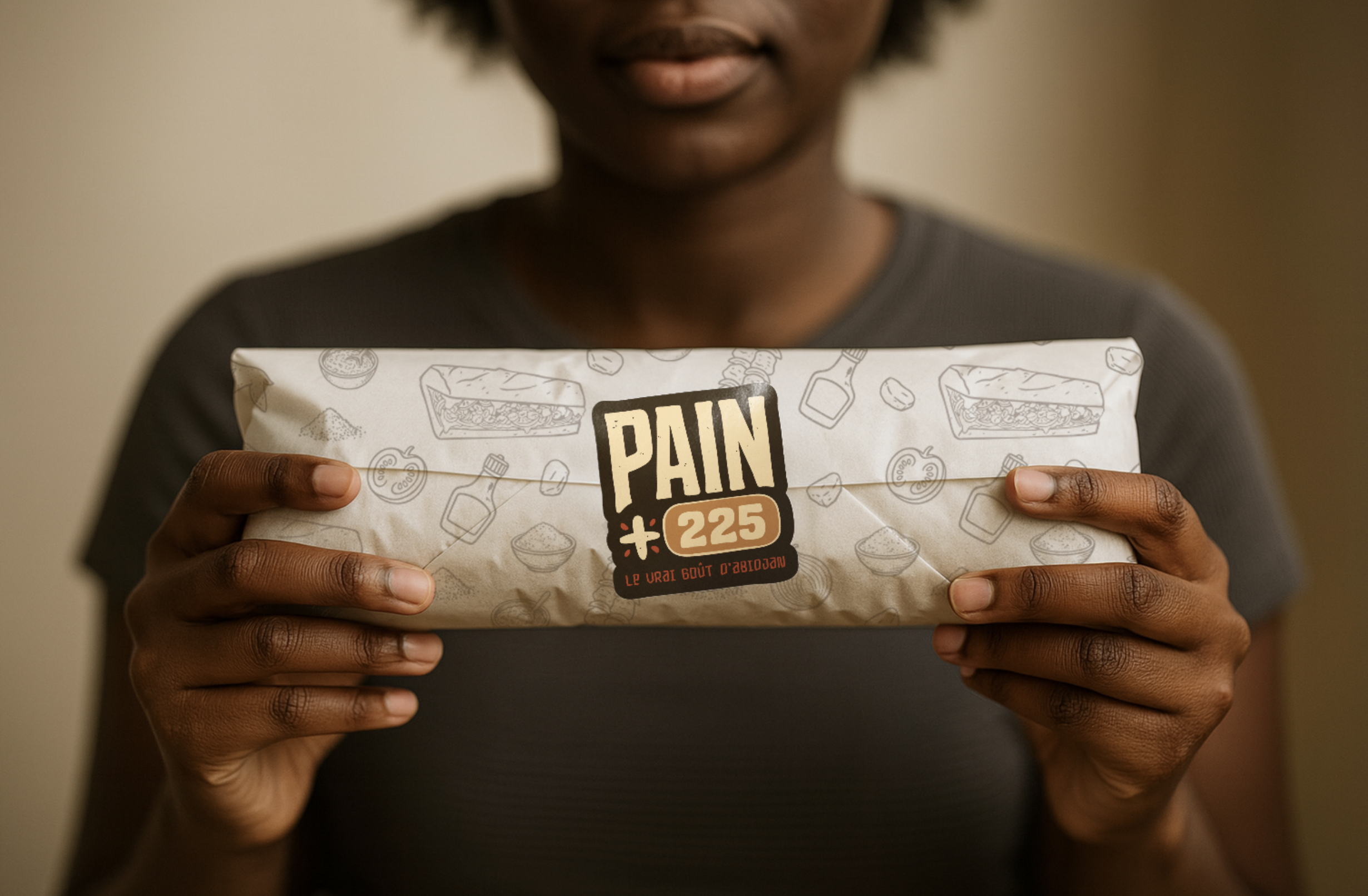 Person holding a wrapped sandwich with PAIN 225 branding.