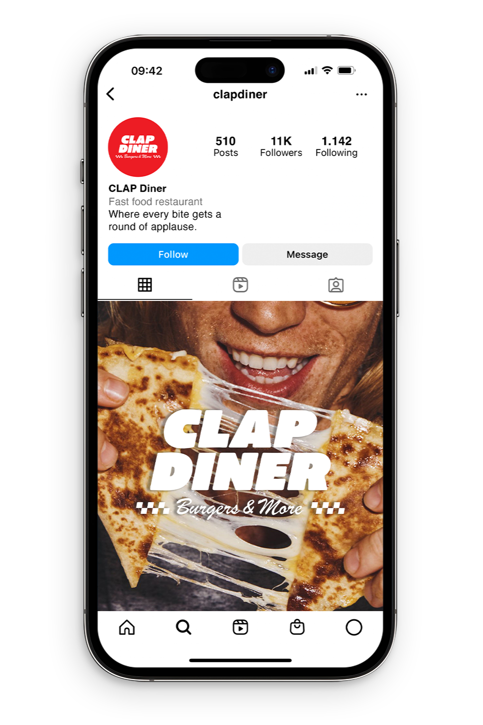Instagram profile page of CLAP Diner featuring a man eating cheesy pizza with the restaurant's logo and branding. 