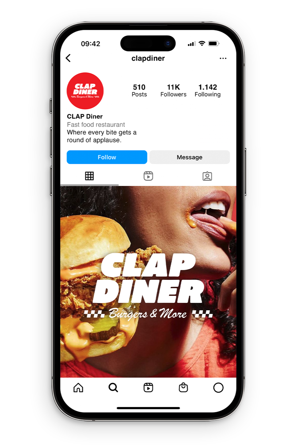 CLAP burger Diner Instagram profile showcasing branded food content.