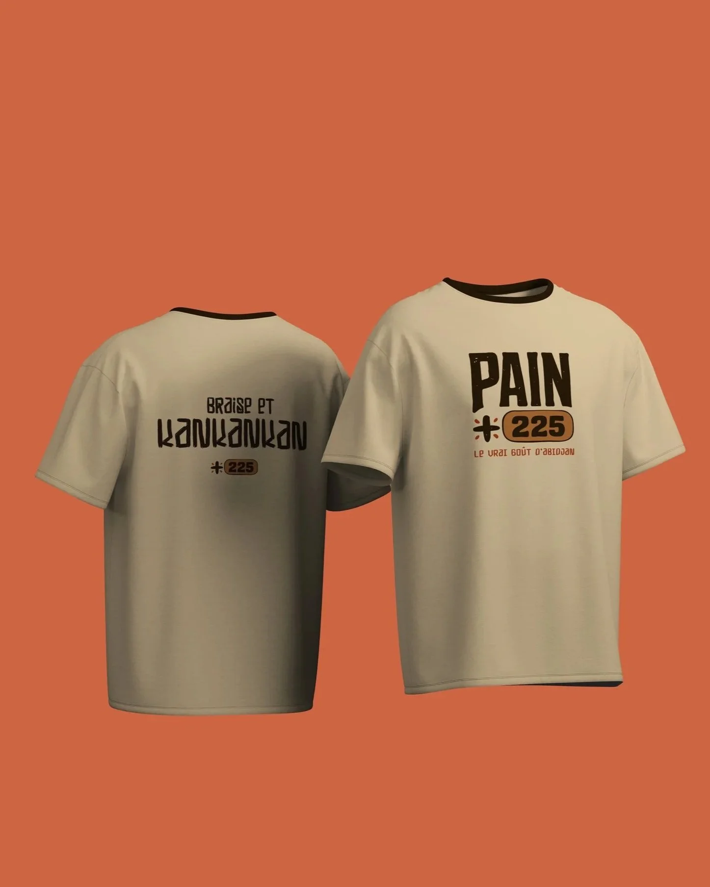 Two PAIN 225 branded T-shirts displayed on an orange background.