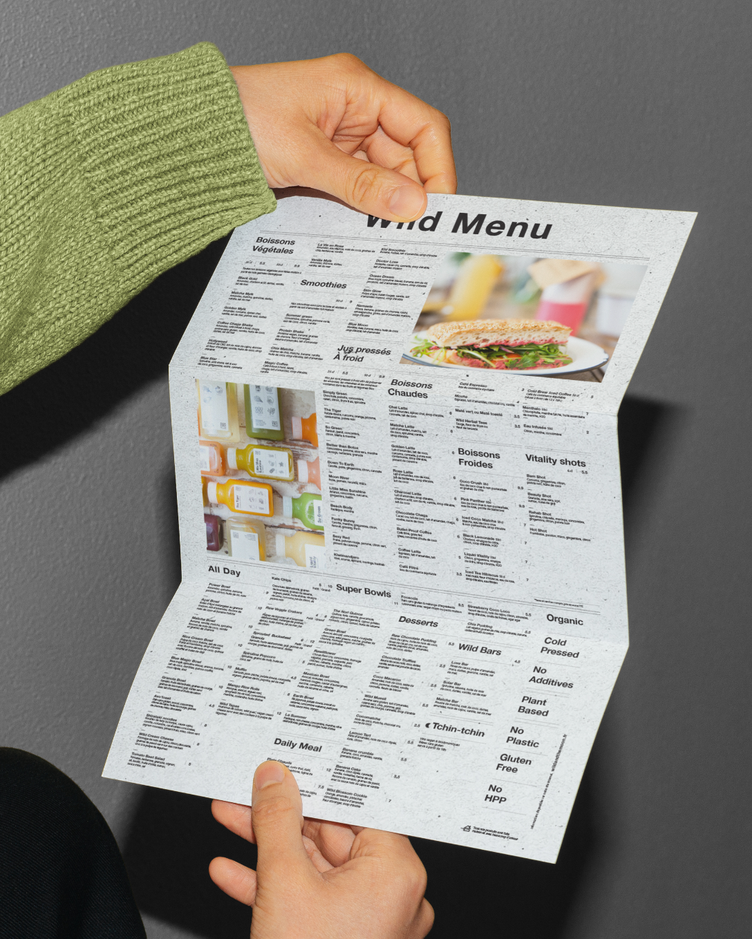 Menu layout design for Wild and the moon with sections.