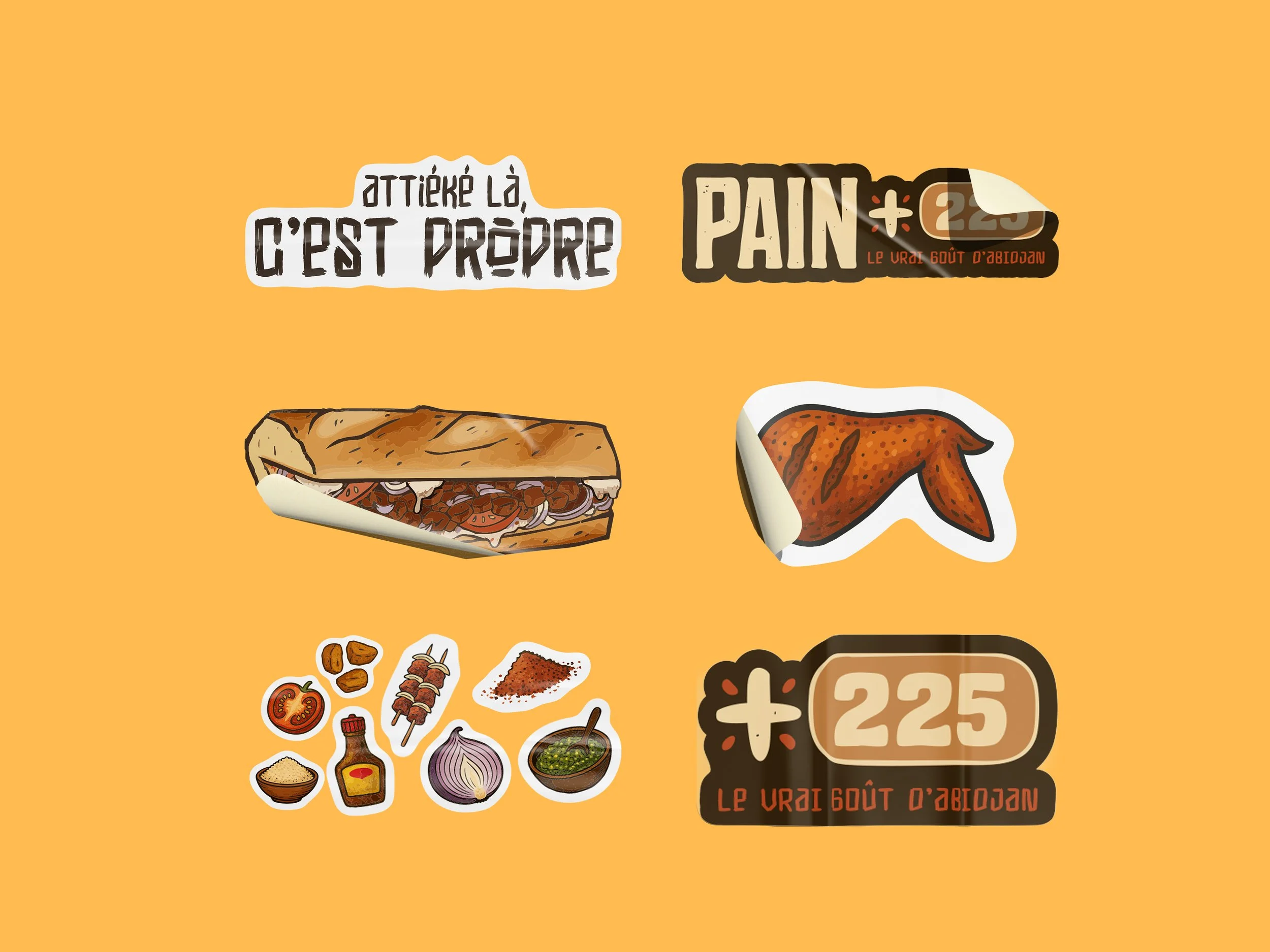 PAIN 225 sticker set featuring food illustrations and brand elements.