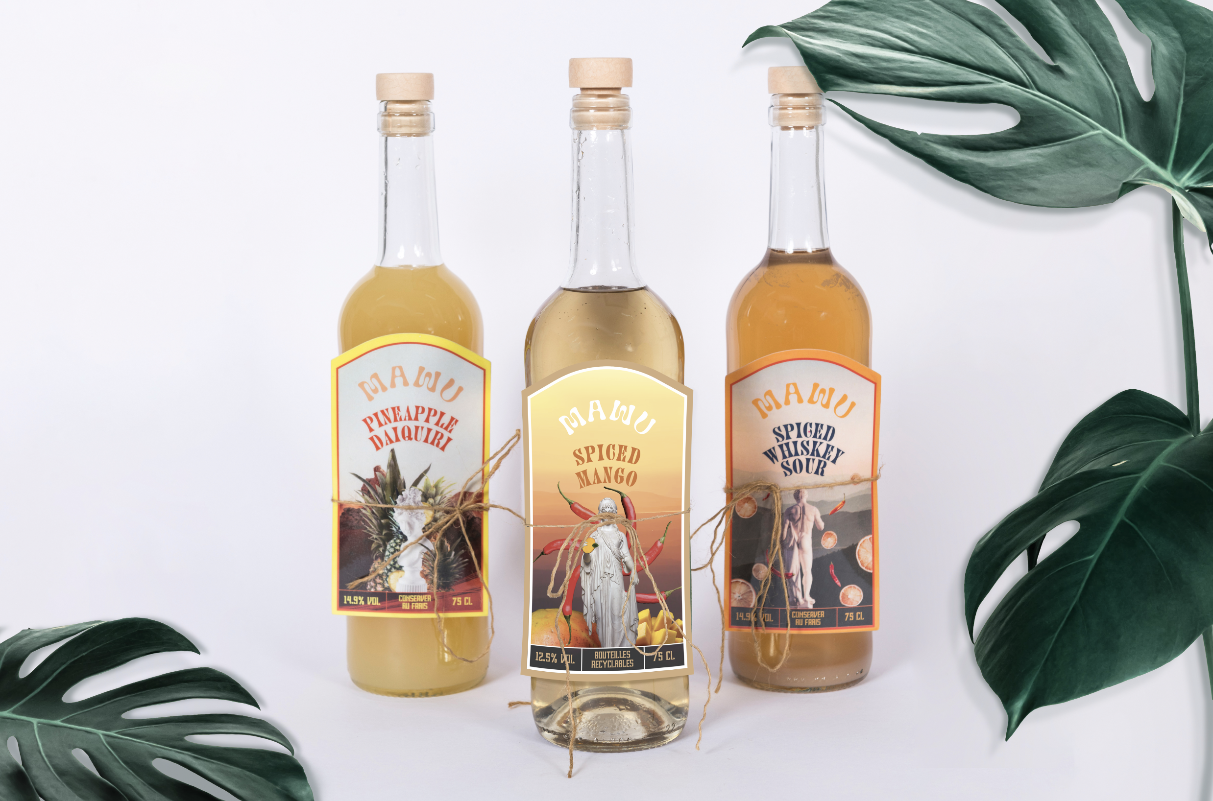 Three bottles of flavored syrups or liquors with tropical-themed labels, placed on a white background with large green tropical leaves on each side.