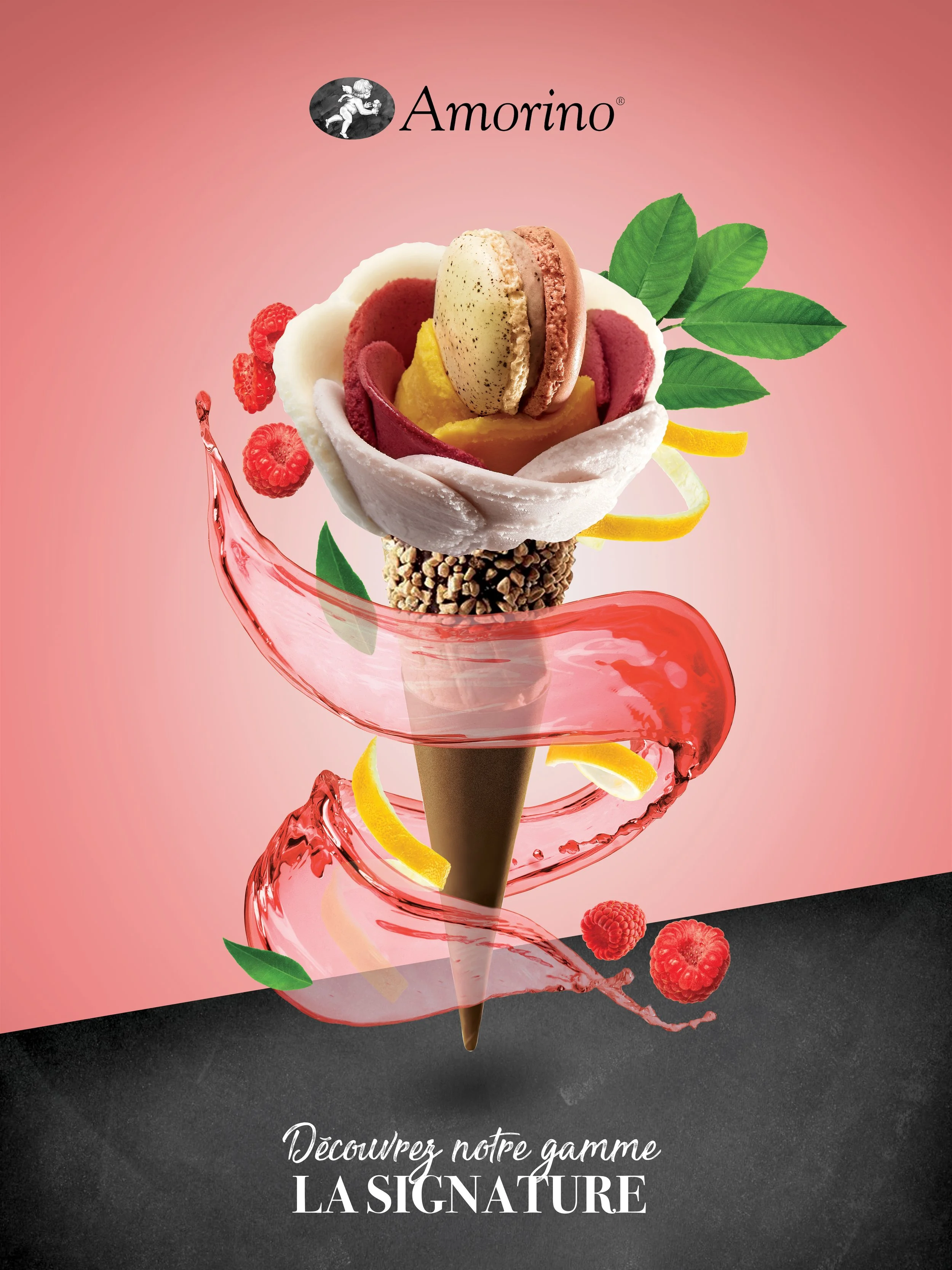 Amorino ice cream cone with fruit elements on a pink background.