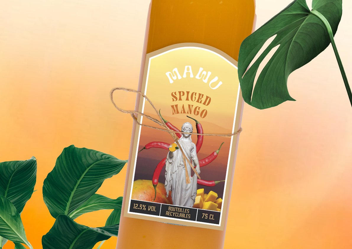 A bottle of alcohol labeled 'NIAOU Spiced Mango' with a statue of a woman holding a lemon, surrounded by red chili peppers and mango pieces, set against a warm background with green tropical leaves.