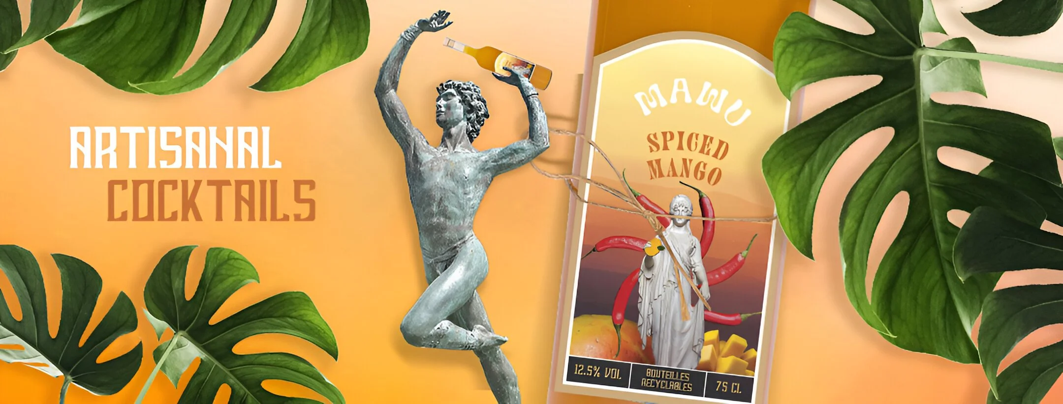 MAWU Spiced Mango cocktail bottle with illustrated label and classical statue, framed by tropical leaves on a yellow background.